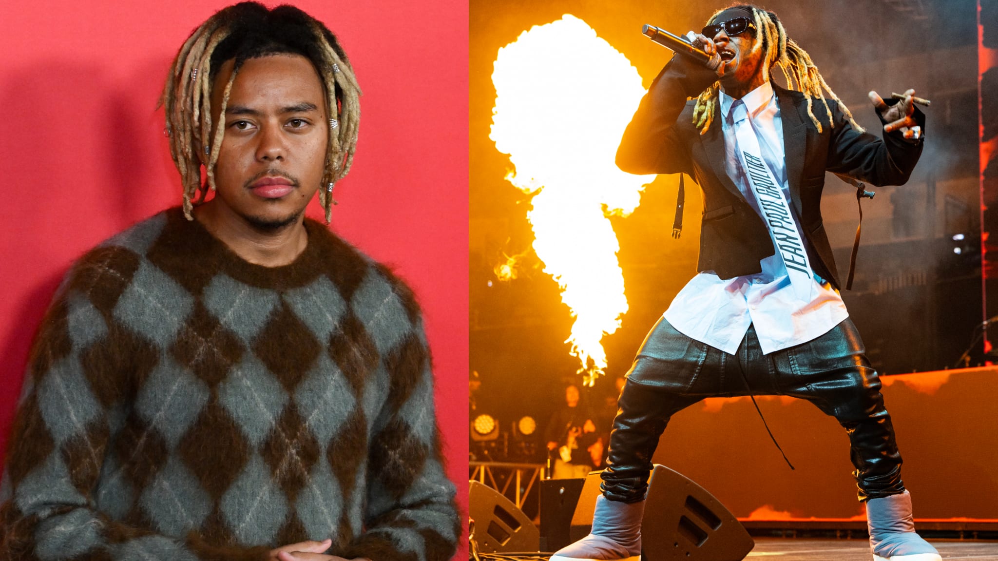 The image shows Cordae on the left in a patterned sweater, and Lil Wayne performing on stage with flames in the background on the right.