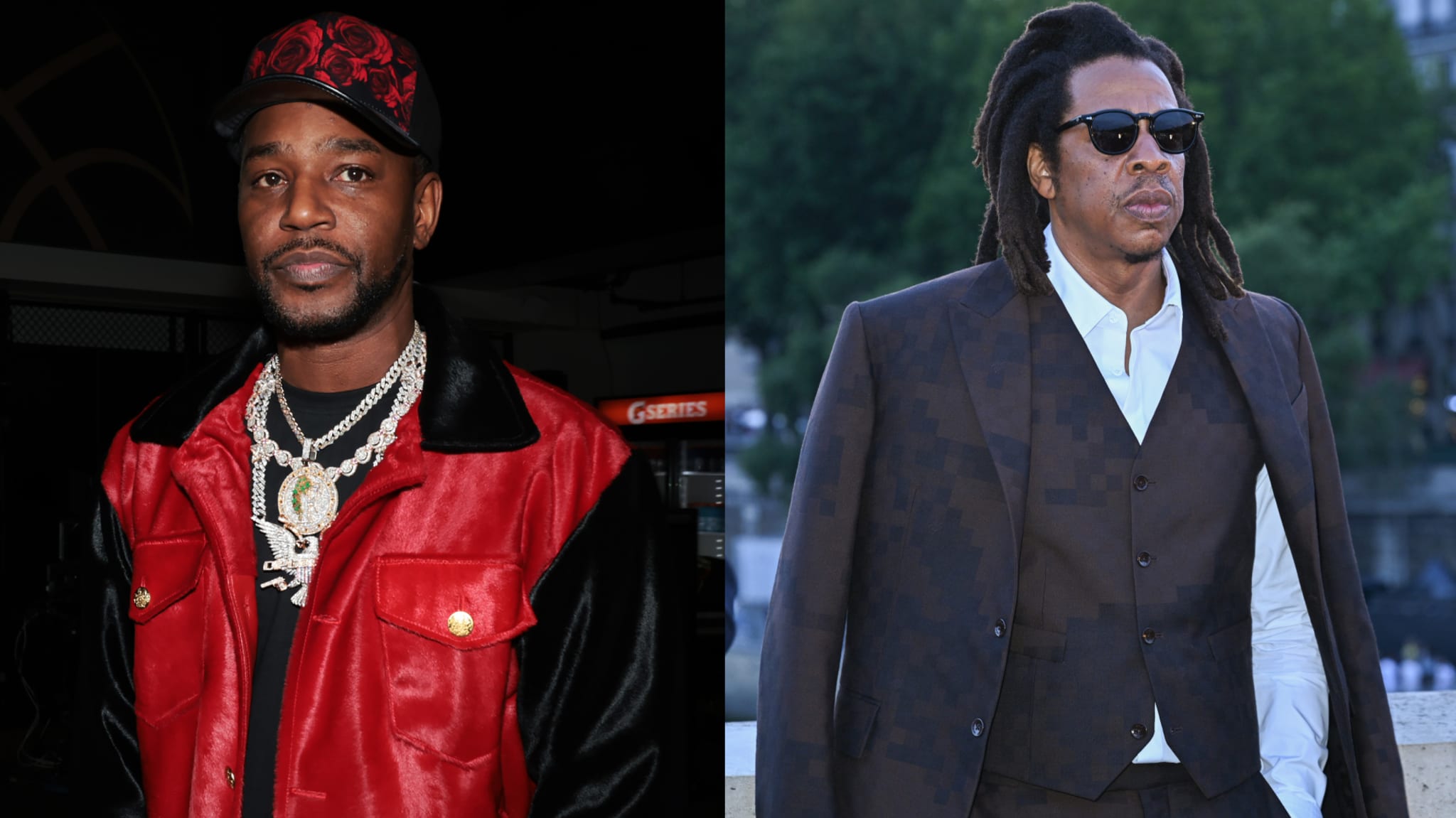 Cam'ron in a red jacket and cap with chains, next to Jay-Z in a brown suit and sunglasses.