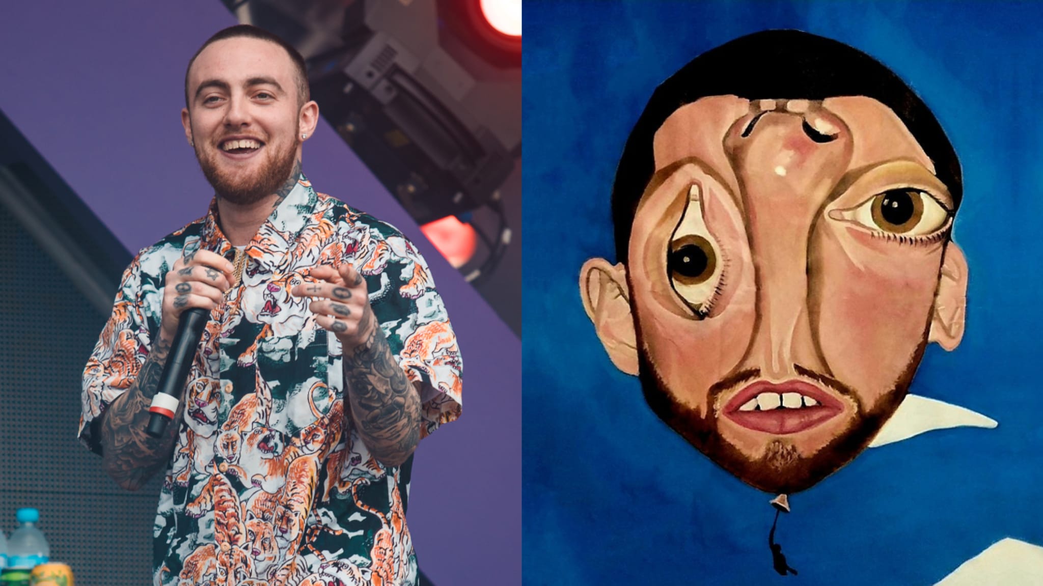 Mac Miller performing on stage with a microphone, wearing a colorful shirt. Next to him is a surreal, abstract painting of his face.