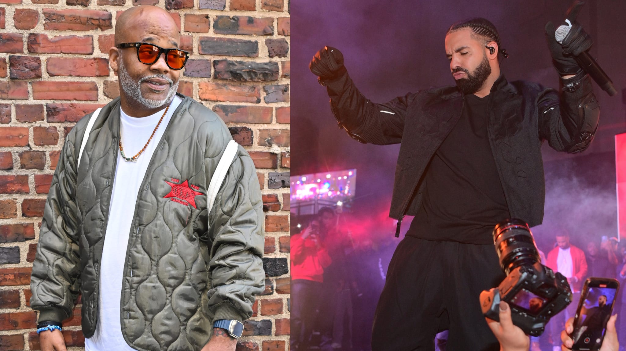 Damon Dash in a green jacket poses against a brick wall. Drake performs on stage, wearing a black outfit and holding a microphone.