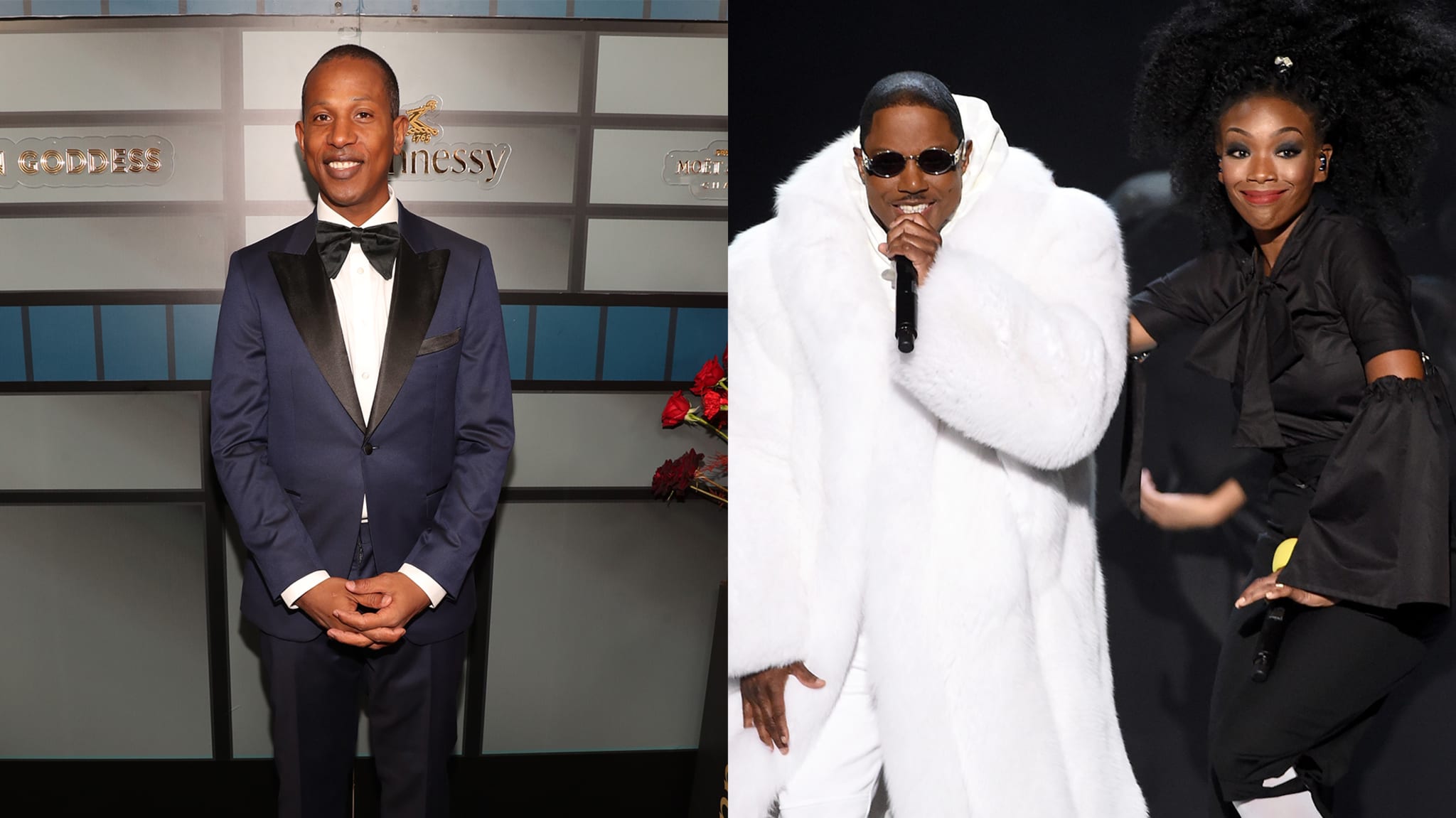 A split image showing Shyne alongside Mase and Brandy performing onstage.