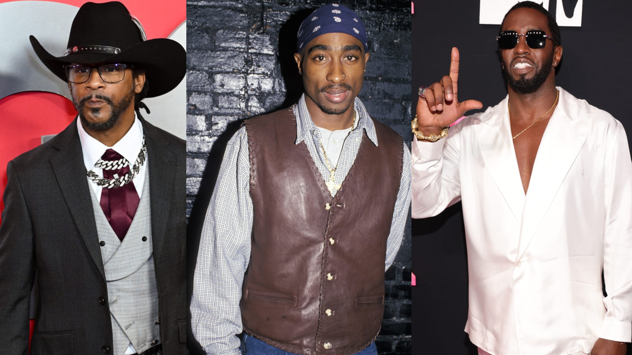 Katt Williams in a cowboy hat, Tupac Shakur in a vest and bandana, and Sean "Diddy" Combs in a white suit and sunglasses.