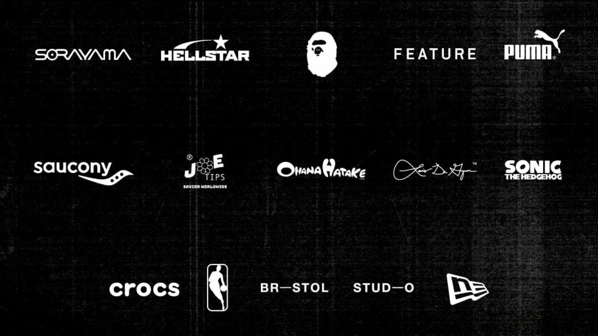 Logos of various brands including Puma, Crocs, NBA, Sonic the Hedgehog, and New Era on a black background.