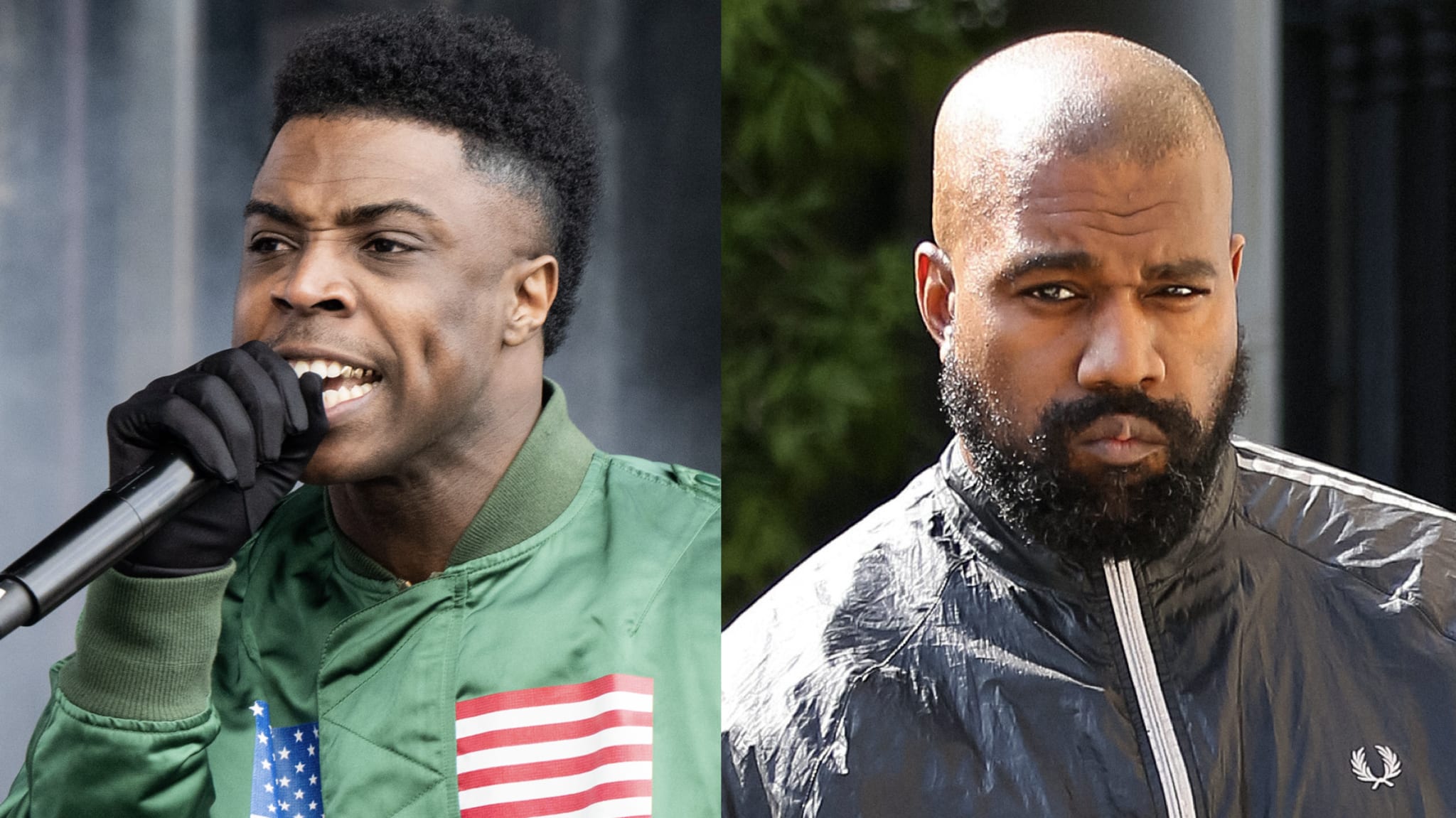 (L) Digital Nas wearing green jacket with American flag icon and black glove, speaking into microphone. (R) Kanye West wearing a gray jacket with zipper.