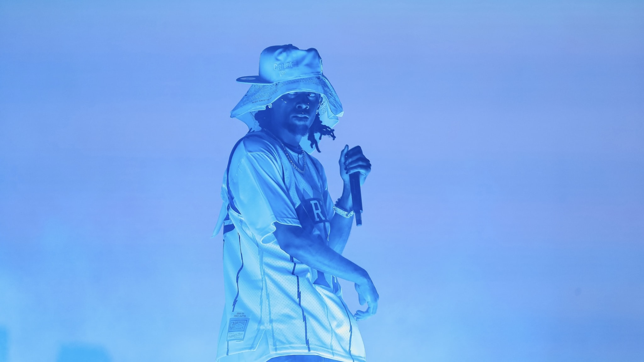 Playboi Carti on stage with Abel 'The Weeknd' Tesfaye during the 'After Hours Til Dawn Tour' 