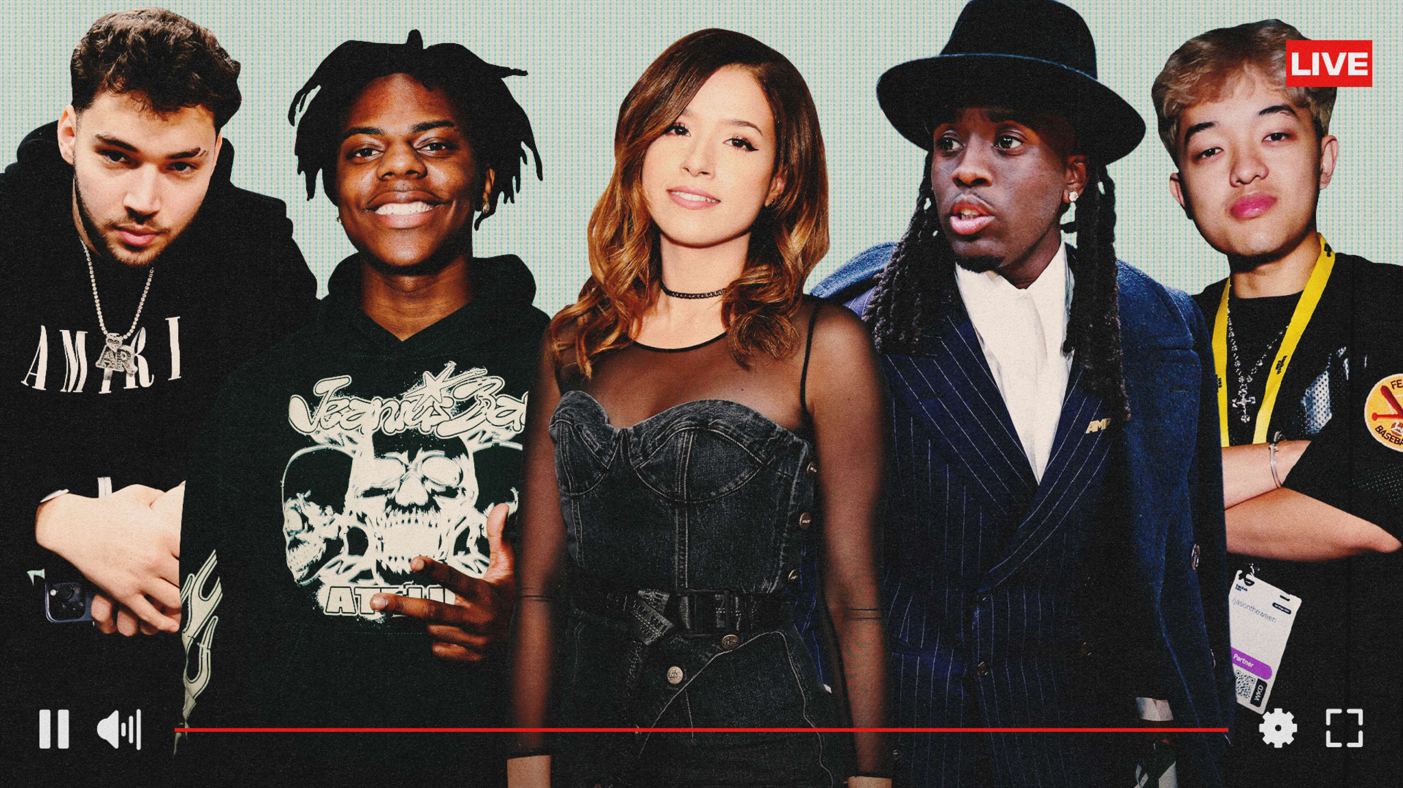Adin Ross (left), IShowSpeed (center left), Pokimane (center), Kai Cenat (center right), and Jasontheween (right) all pose in front of the camera against a Complex original art template.