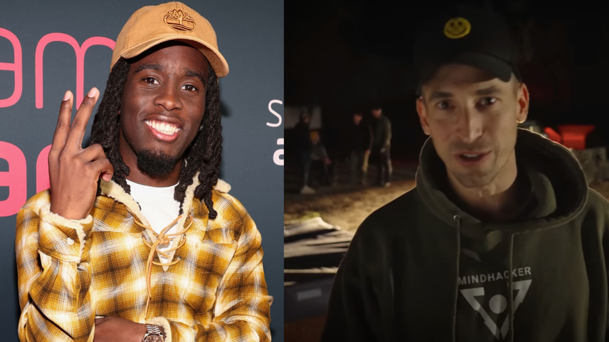 Left, Kai in a yellow plaid shirt and tan hat smiling; right, Max in a dark hoodie and cap outdoors at night.