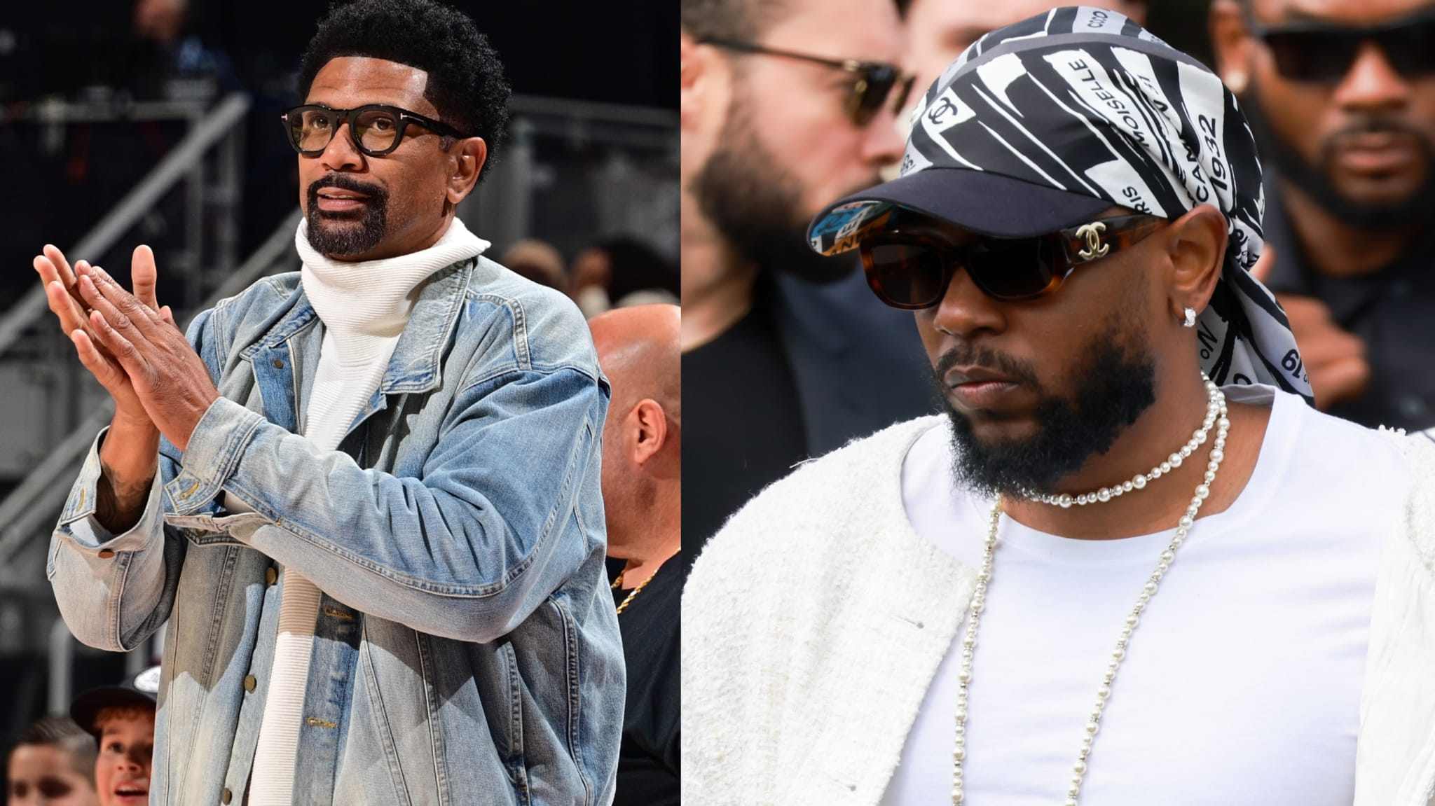 Two images: Left shows Jalen in glasses, denim jacket, and white turtleneck. Right shows Kendrick in sunglasses.