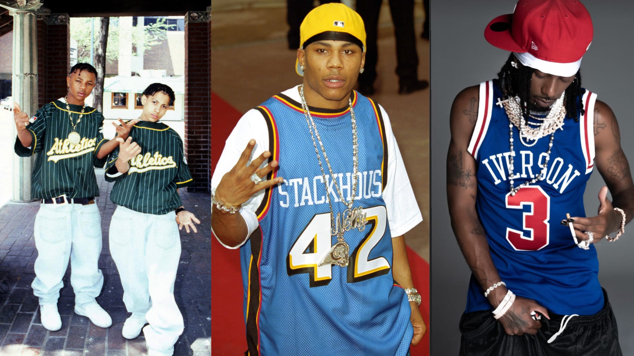 A collage featuring people in sports jerseys and hats, showcasing a 2000s hip-hop style. kris Kross playboi carti