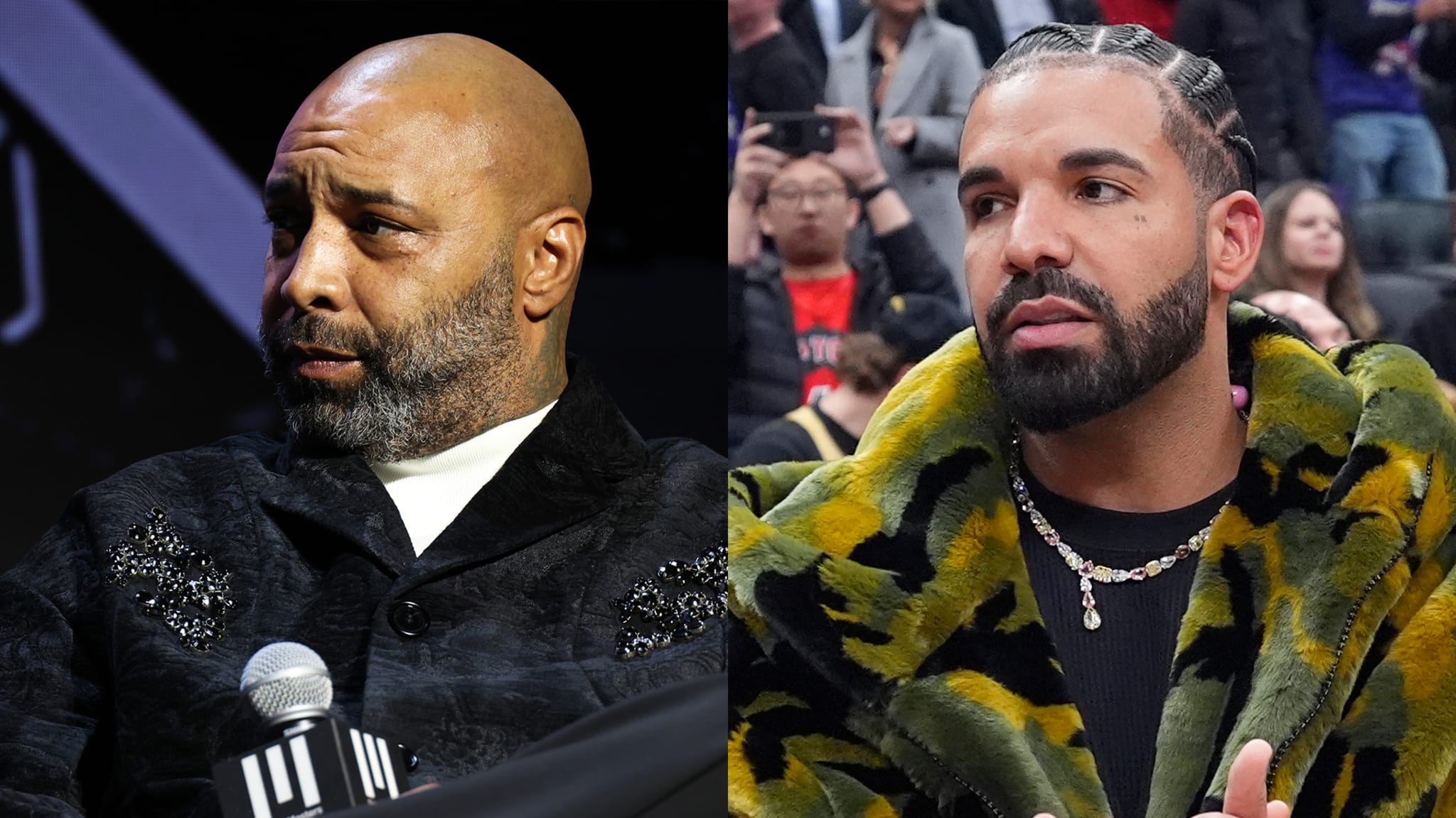Side-by-side image of Joe Budden, wearing a dark coat with a microphone, and Drake, in a green camouflage jacket at an event.