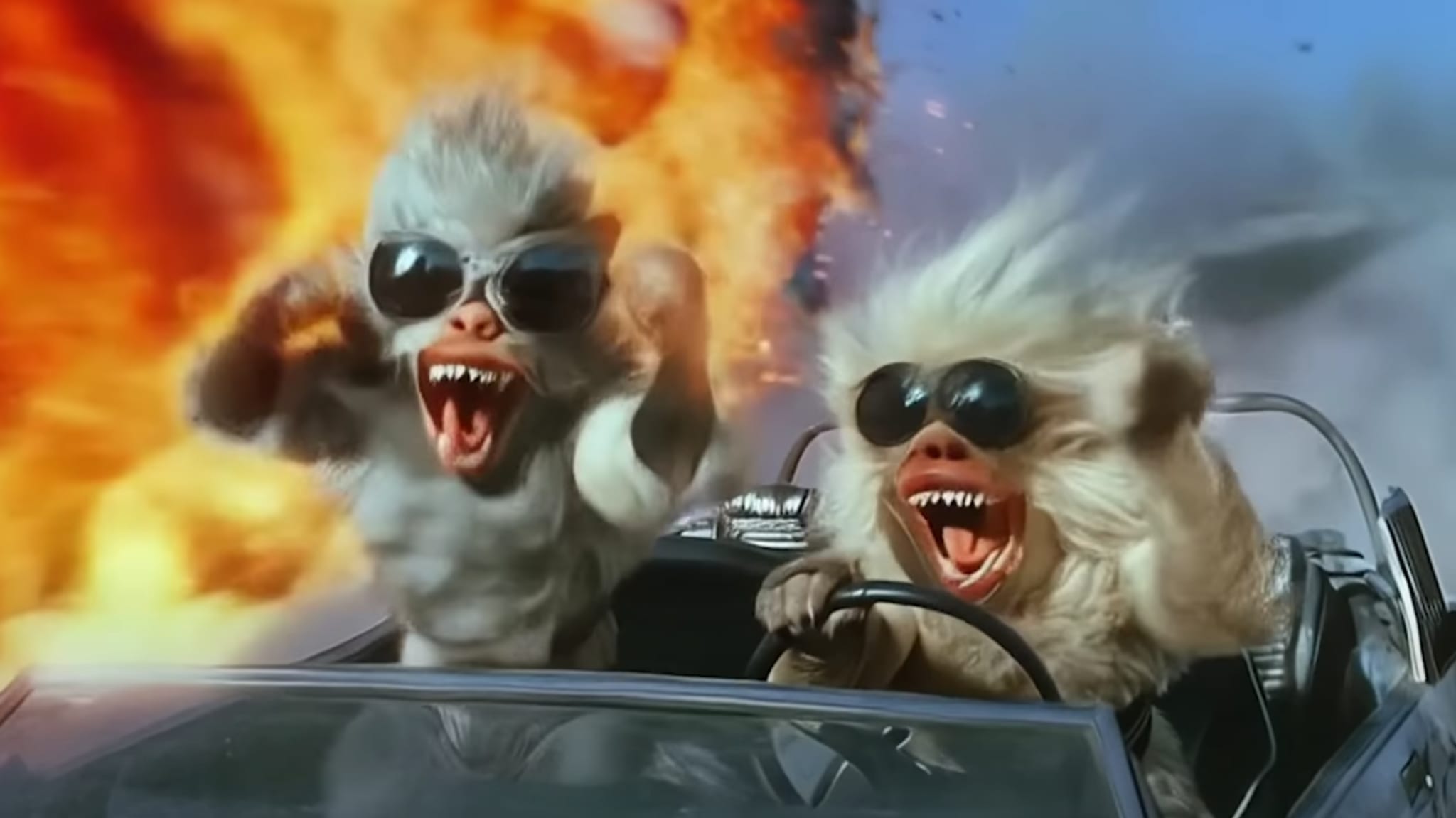 Two animated creatures wearing sunglasses drive a car away from an explosion, expressing excitement and adventure.