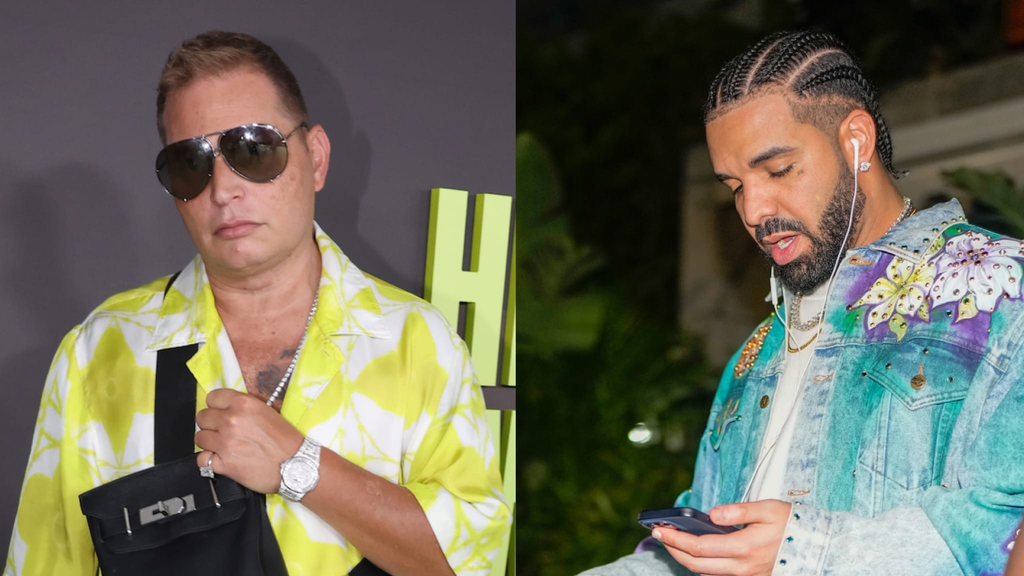Scott Storch in a bright yellow shirt and sunglasses, and Drake in a denim jacket with earphones, looking at his phone.
