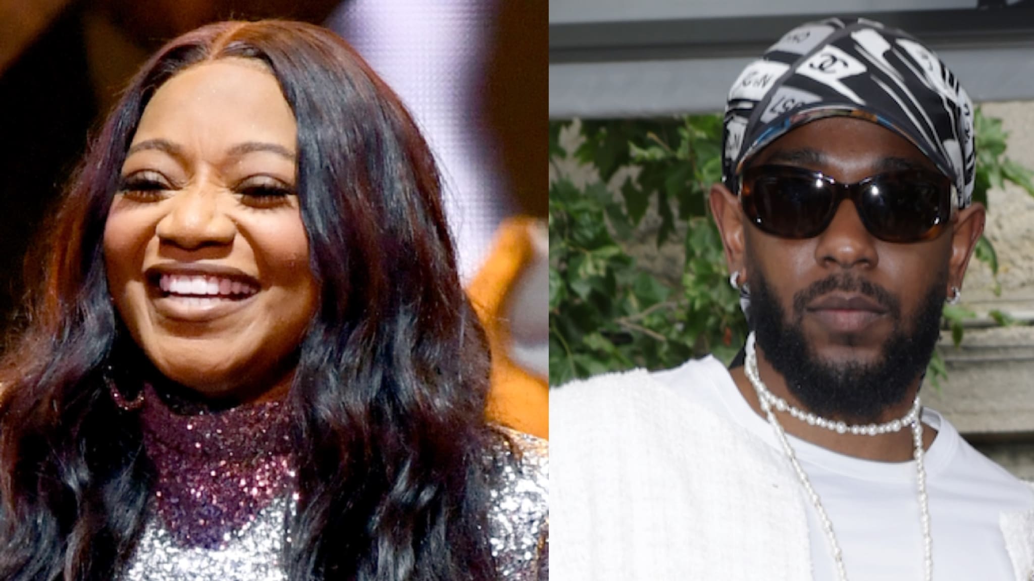 SWV vocalist with long dark hair smiling in a sparkly outfit, and Kendrick Lamar in sunglasses wearing a bandana and white clothing.