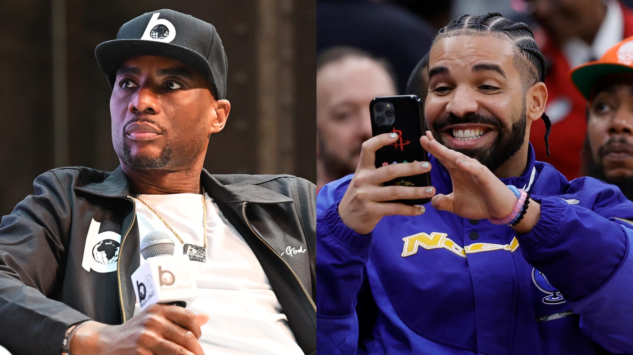 Charlamagne Tha God and Drake in a split image.