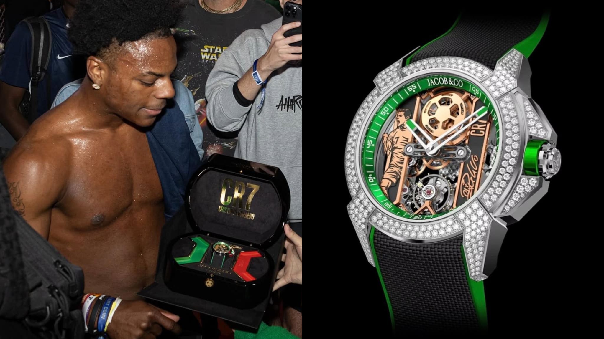 A shirtless man holds a box with a luxury watch. The watch is detailed with green accents and diamonds, featuring a soccer theme.