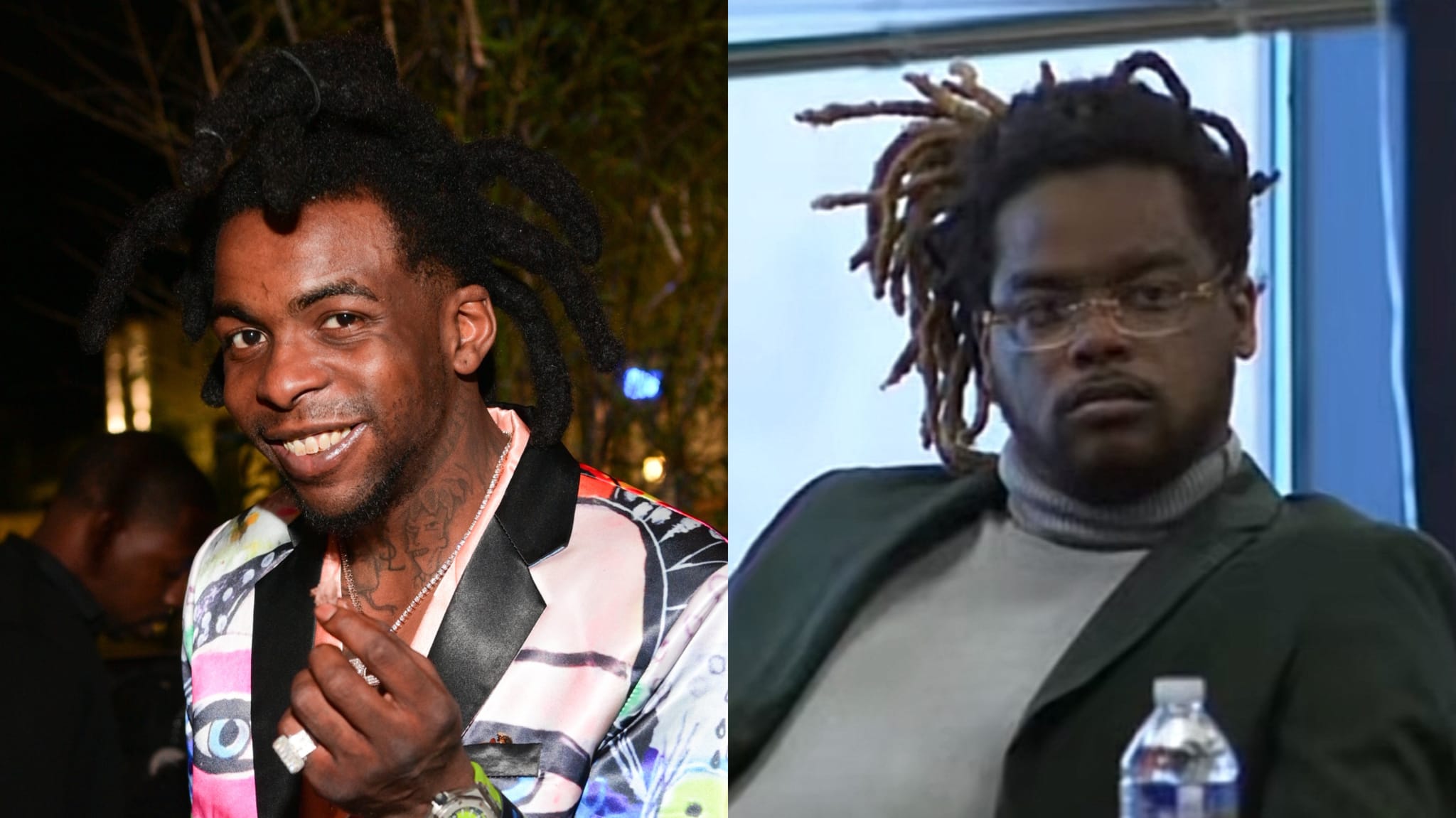 Two people with dreadlocks; one smiles in a colorful jacket, the other sits in glasses and a green blazer with a turtleneck.
