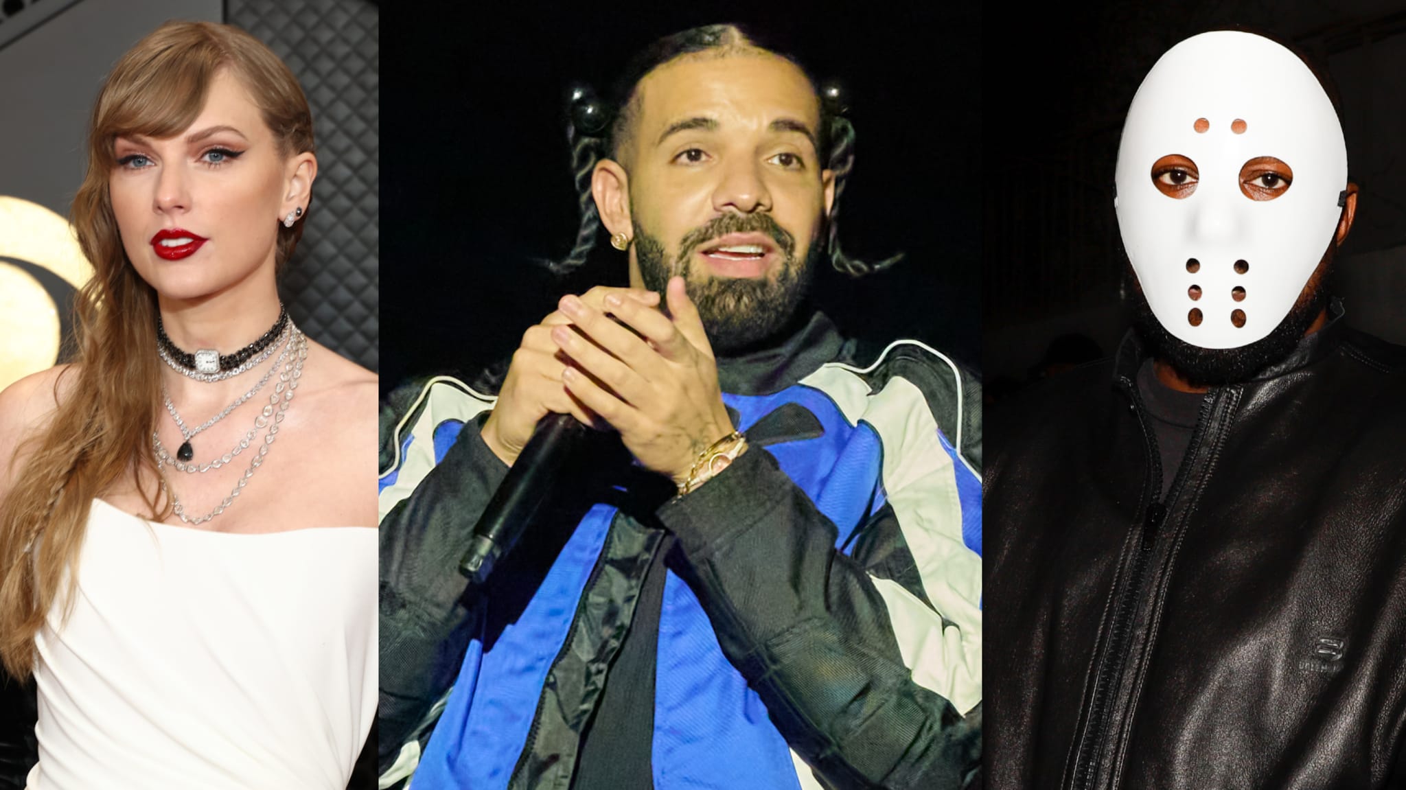 Taylor Swift in a white dress, Drake in a blue and black jacket, and Kanye West wearing a white mask and black jacket.