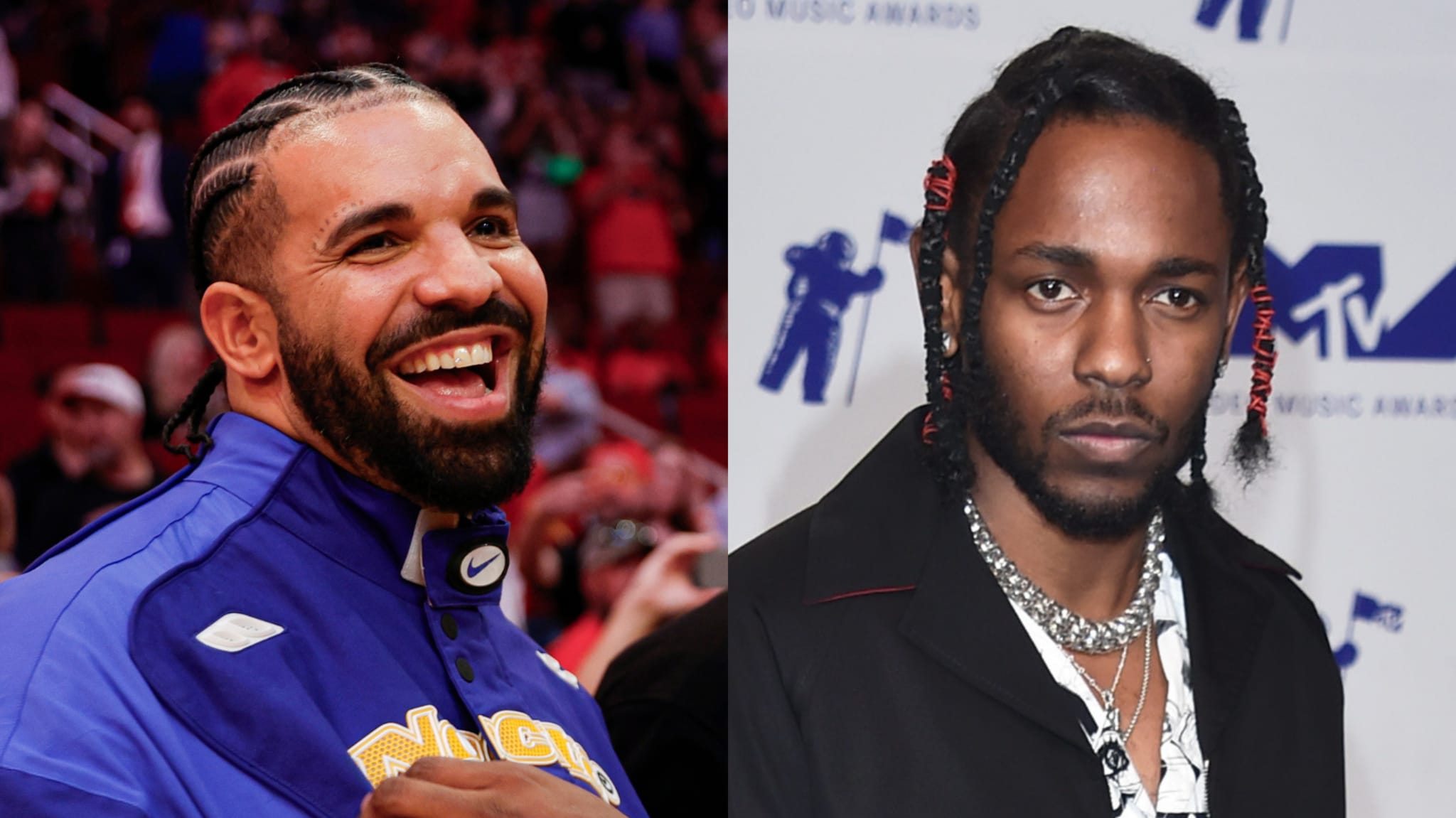 Drake, smiling in a blue jacket, and Kendrick Lamar, with braided hair, at an event with MTV logos in the background.