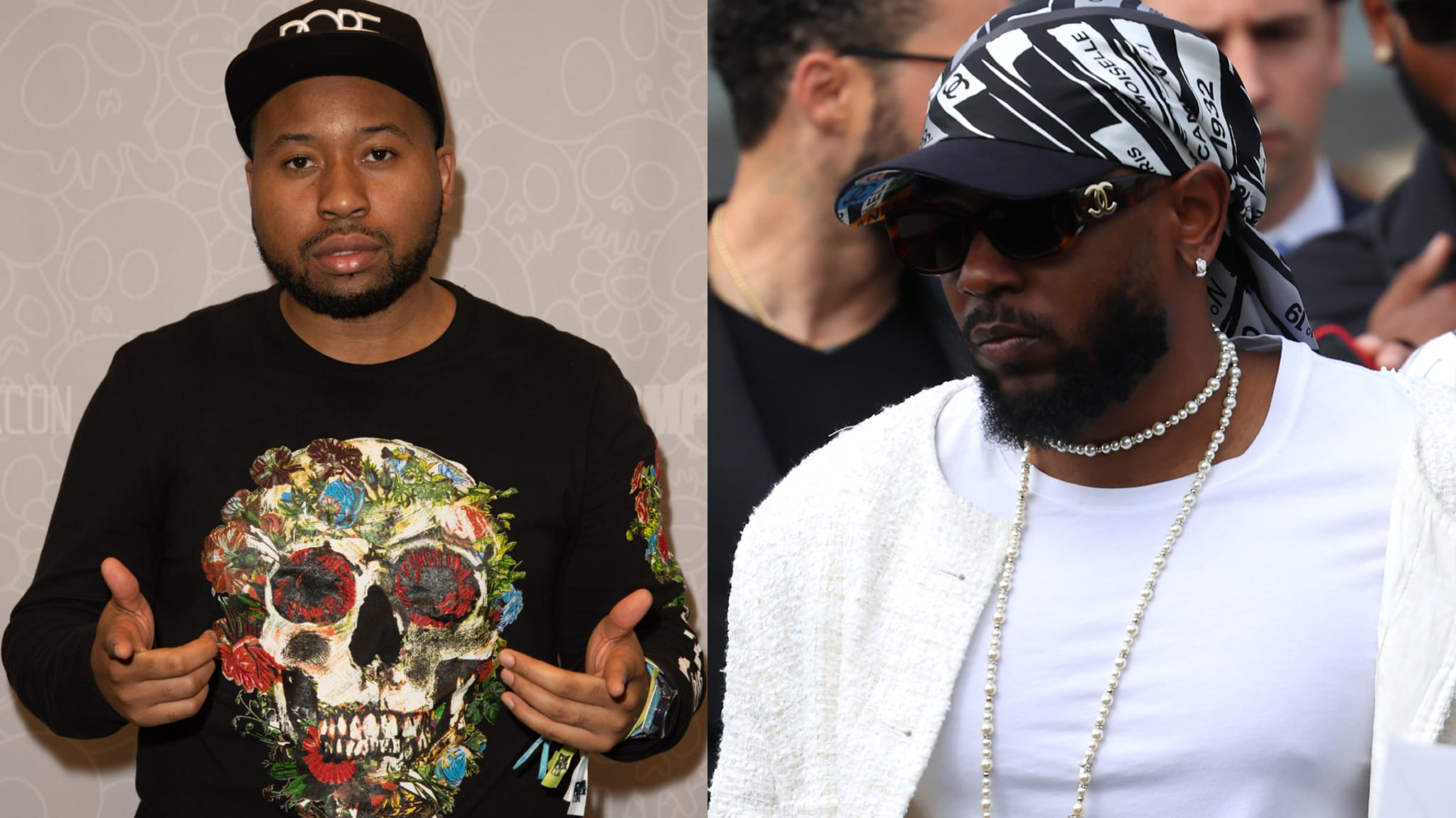 Two images side by side: Left, Ak in a black cap and skull print shirt. Right, Kendrick in sunglasses, black and white bandana, and white jacket.