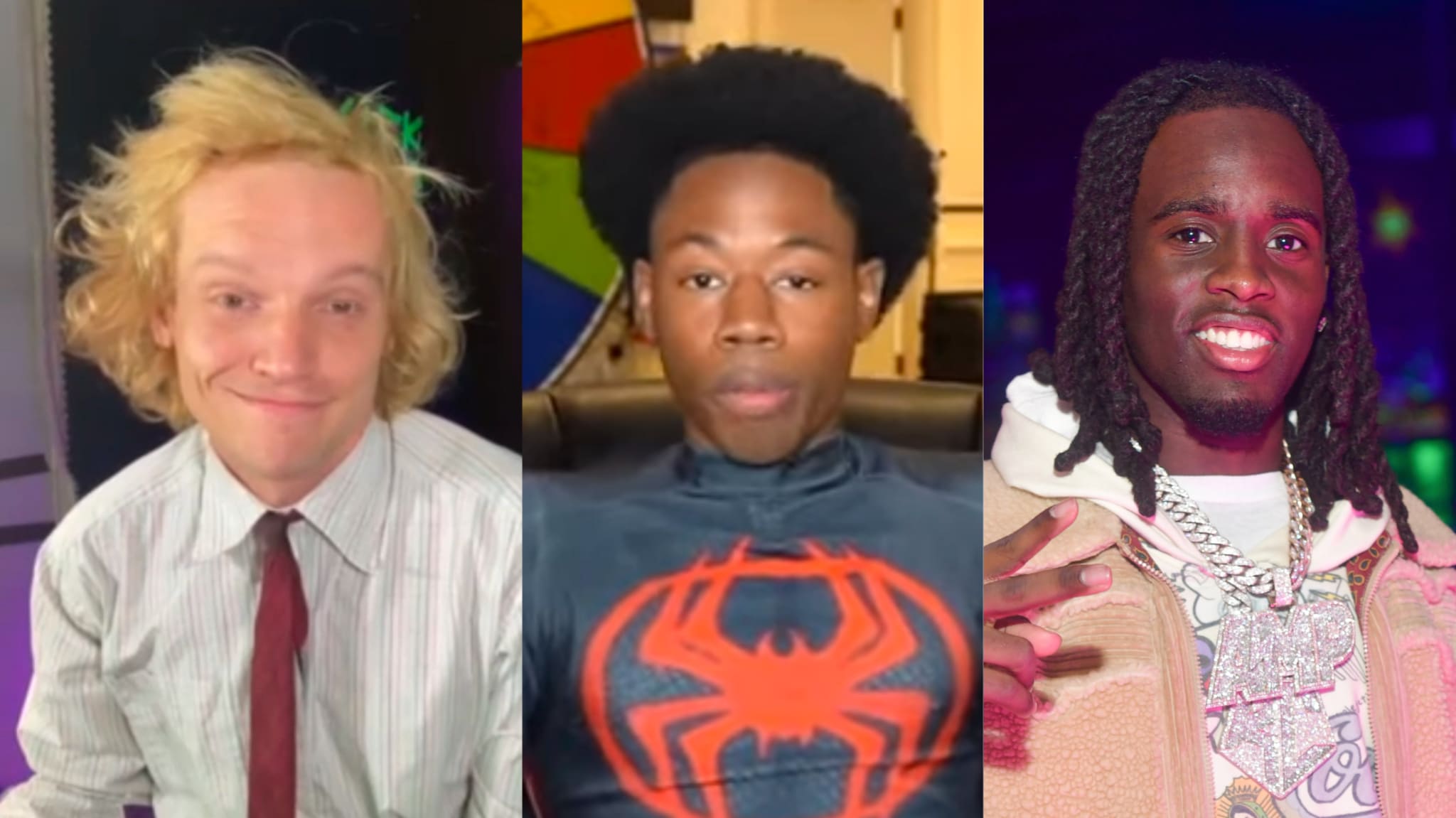 Three people are shown side by side. The first has blonde hair and a tie, the second wears a Spider-Man suit, and the third has dreadlocks and a big smile.