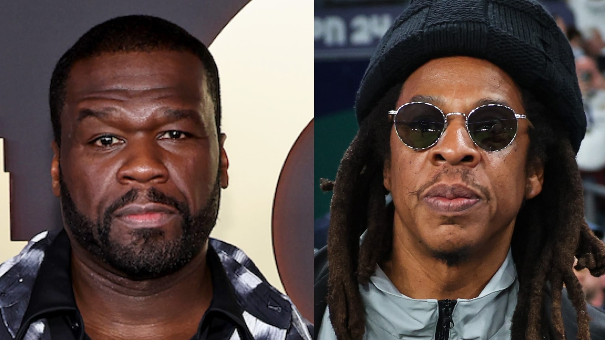 50 Cent and Jay-Z side by side. (L-R) 50 Cent wears a patterned jacket. Jay-Z sports sunglasses and a beanie.