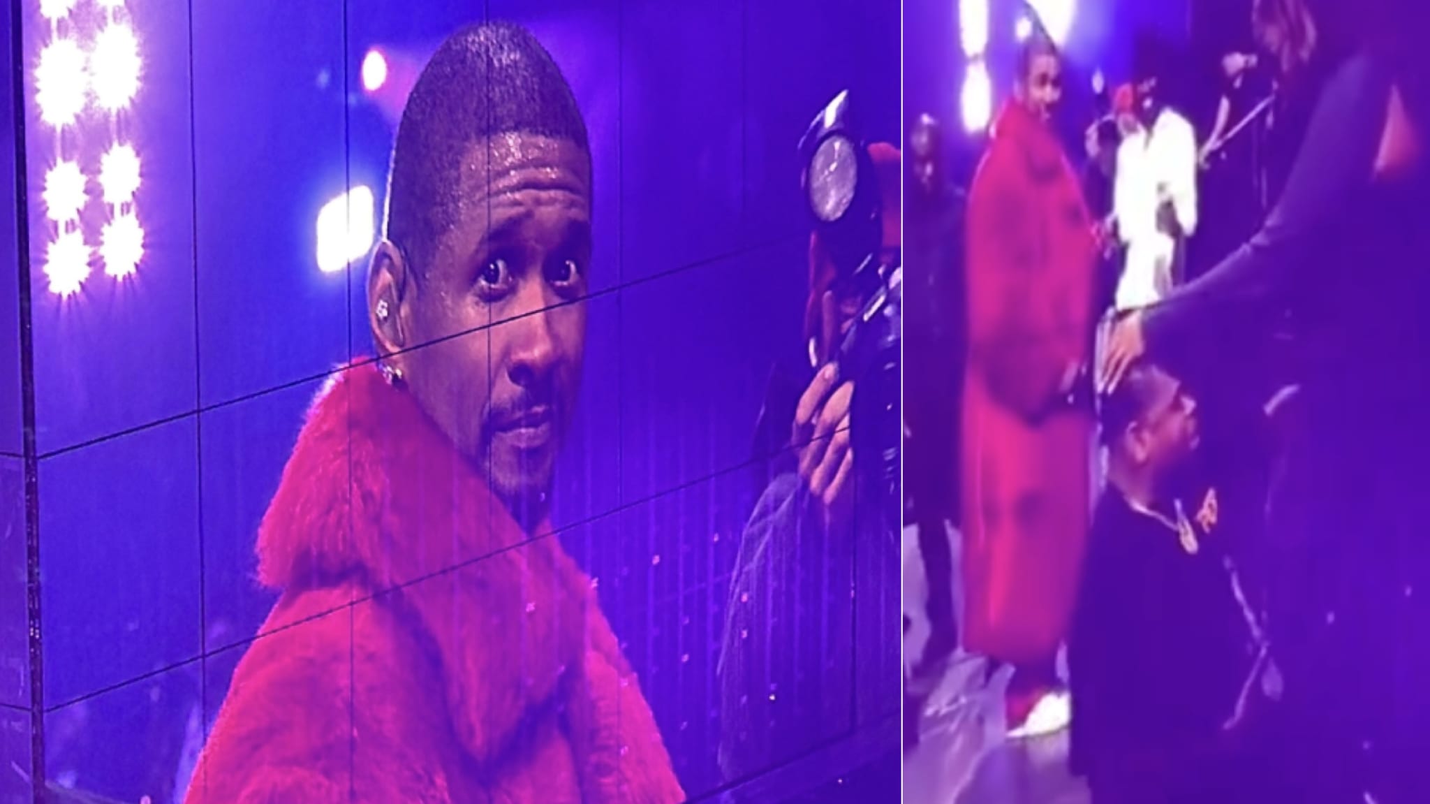 Usher in a red fur coat on stage with a large screen behind him. Another scene shows him interacting with people on stage.