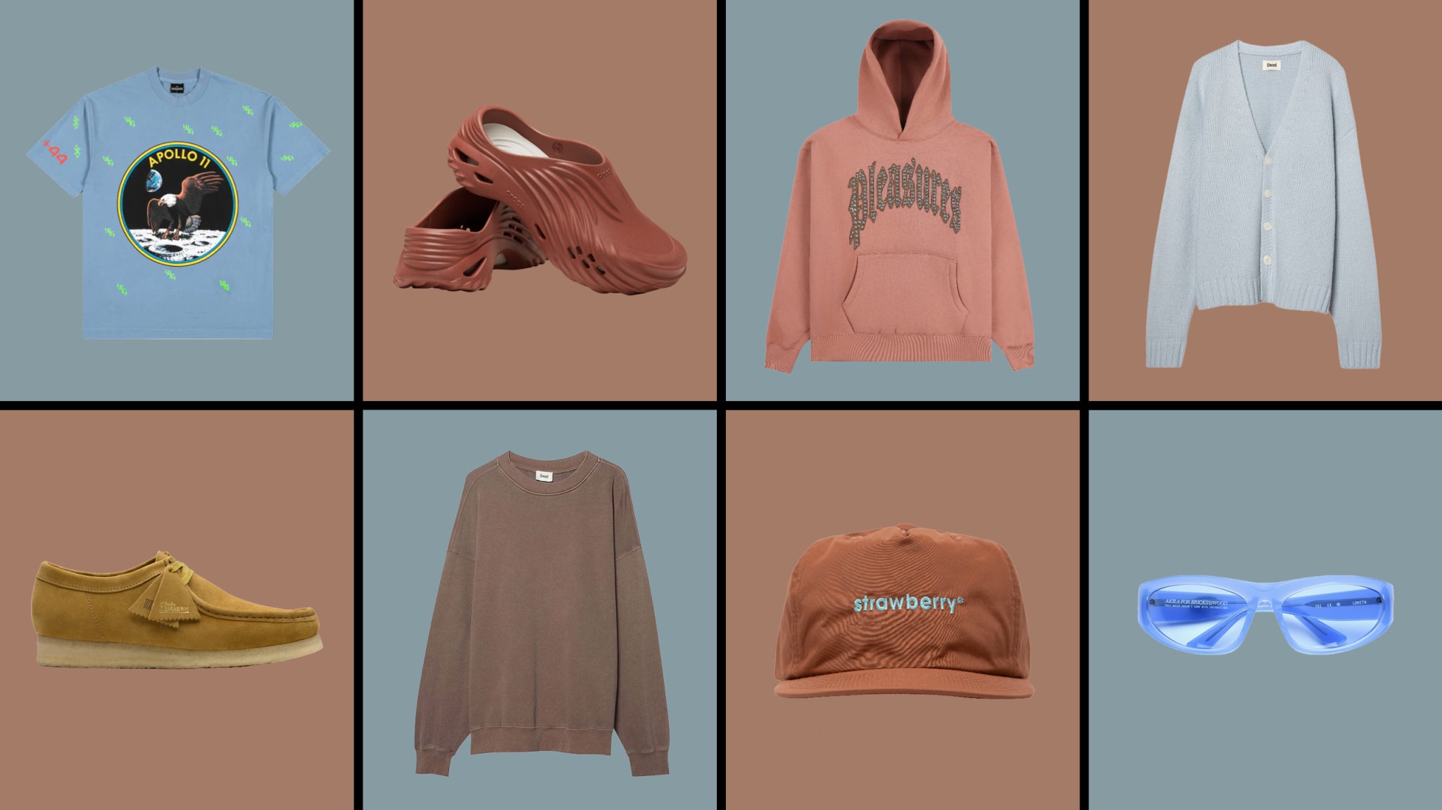 Grid of fashion items: blue graphic tee, red sandals, pink hoodie, blue cardigan, tan shoes, brown sweatshirt, orange cap, blue sunglasses.