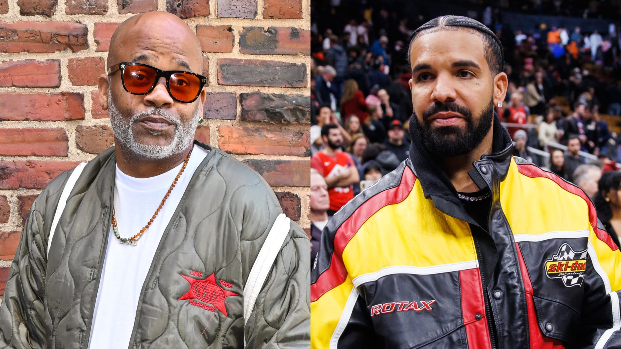 Damon Dash in a green jacket and sunglasses stands against a brick wall. Drake in a colorful jacket is at a sports event.