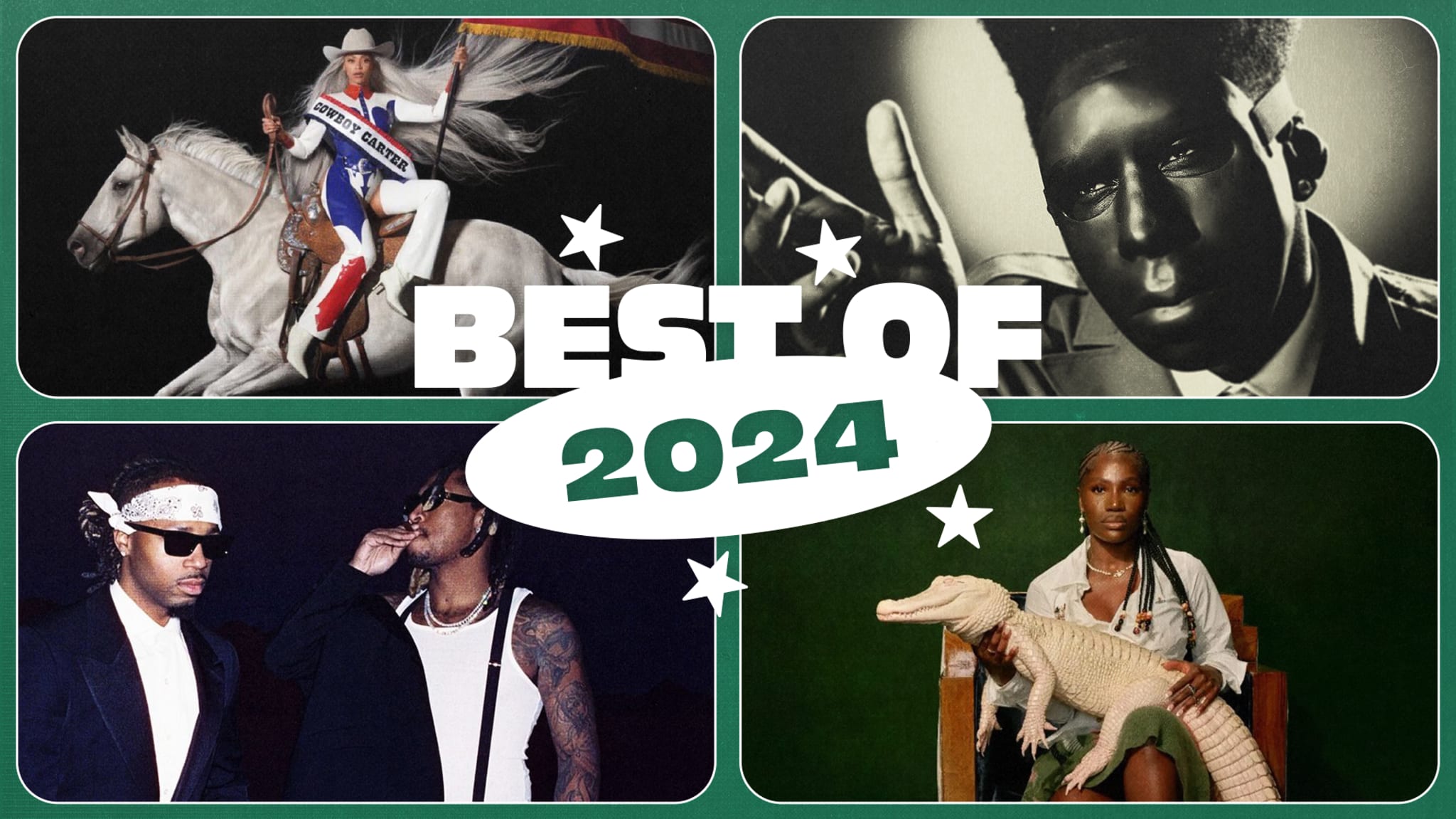 A collage titled "Best of 2024" featuring diverse scenes: Beyonce on horseback, a portrait of Tyler, the Creator, Future and Metro Boomin sunglasses, and Doechii with an alligator.