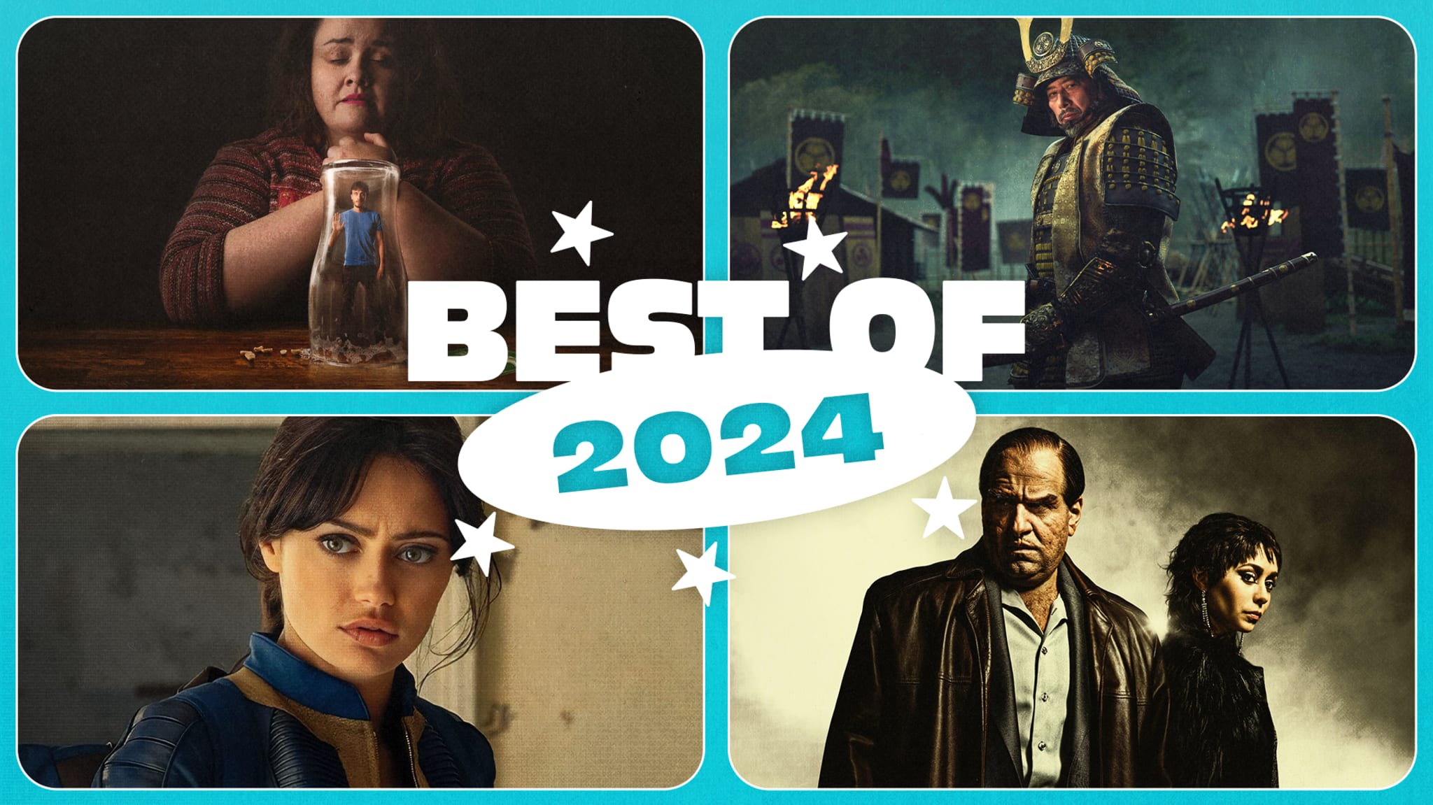 Collage with four scenes: a woman with a jar, a samurai, a woman in a blue uniform, and two people in dark attire. Text reads "BEST OF 2024."