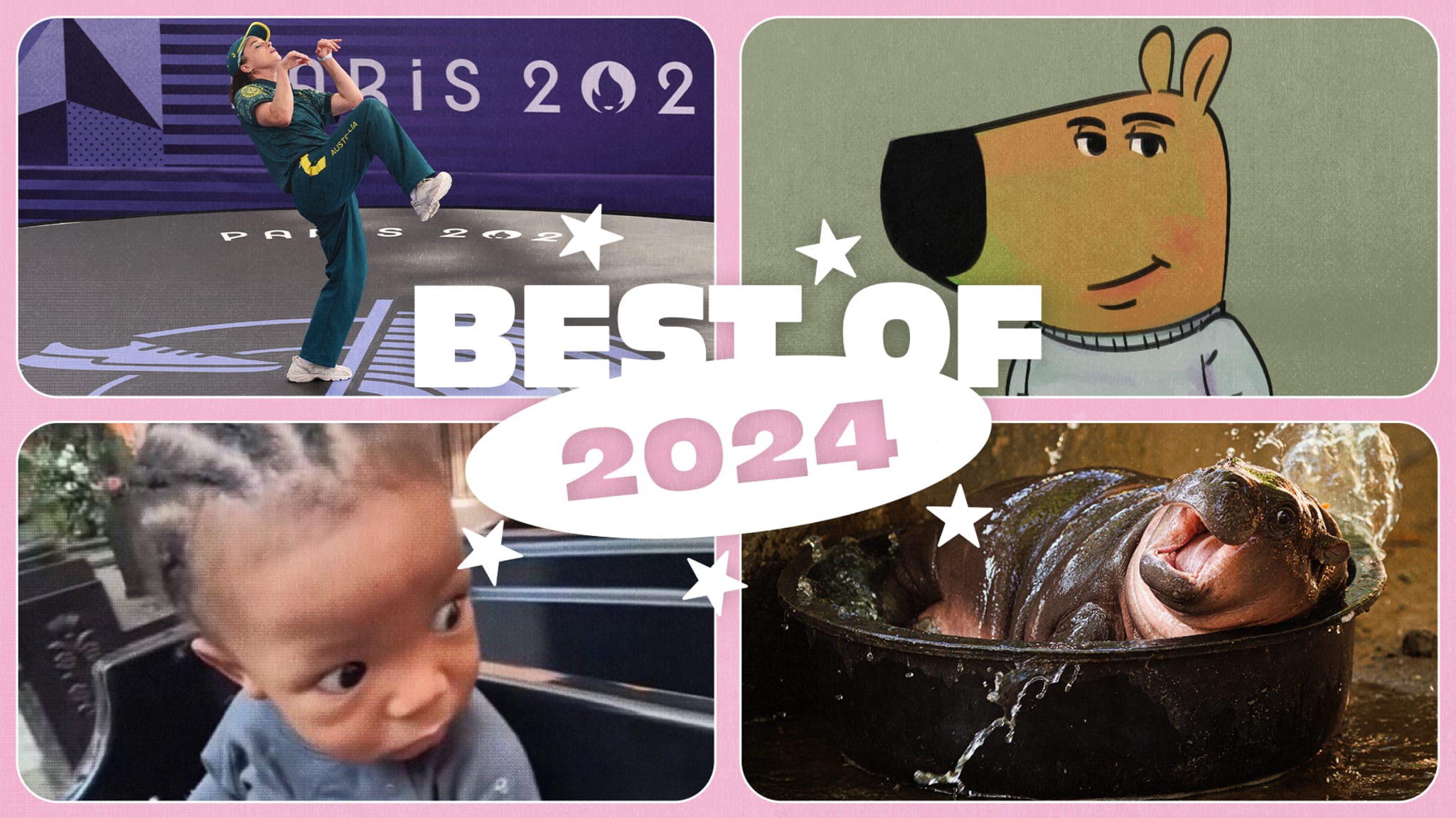 Various 2024 memes clockwise— Raygun, Chill Guy, DDG's son, and Moo Deng—are circled around "Best of 2024" text.