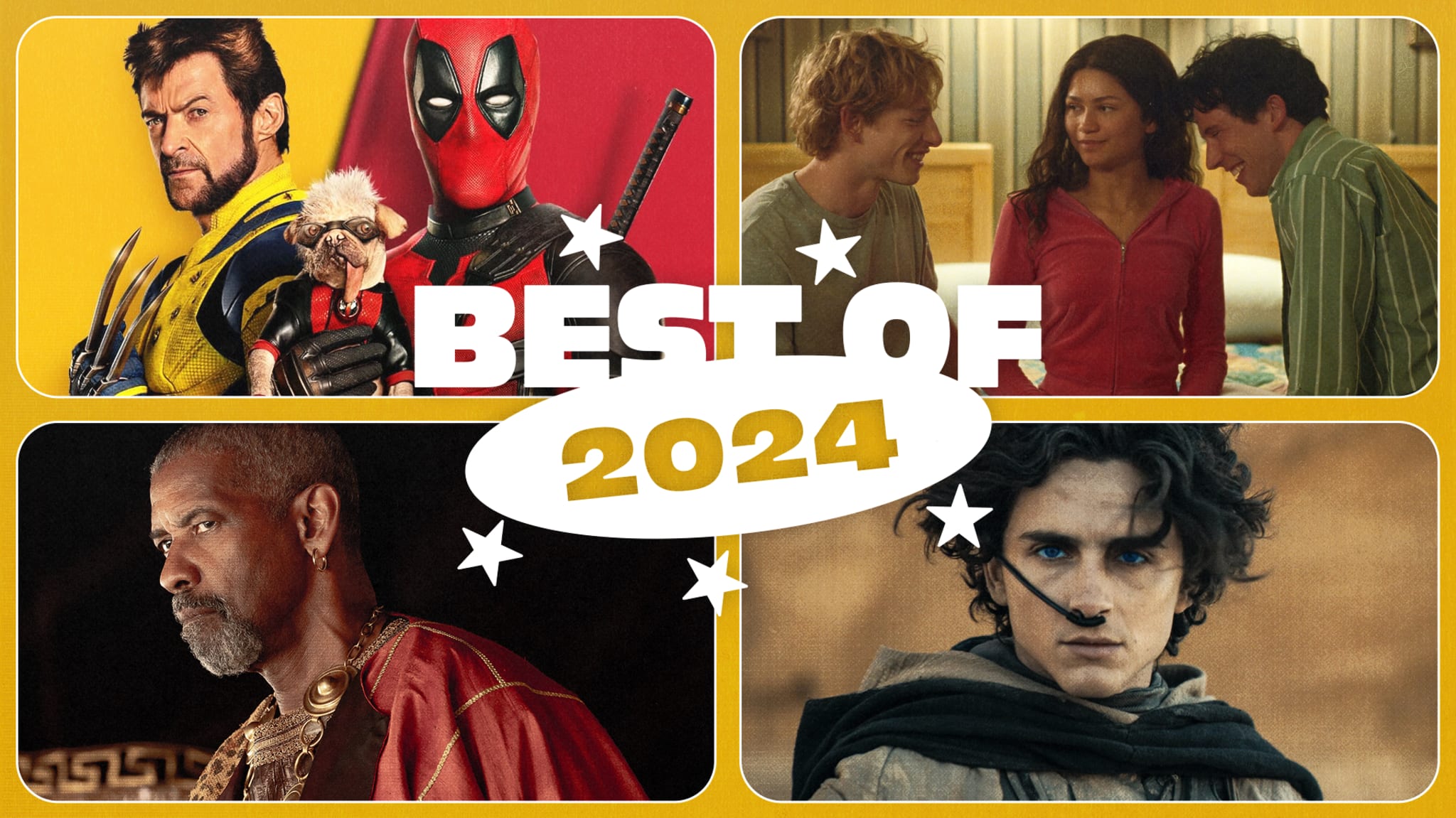 Collage of 2024 films: Hugh Jackman as Wolverine, Ryan Reynolds as Deadpool, Denzel Washington in regal attire, and Timothée Chalamet in a desert setting.