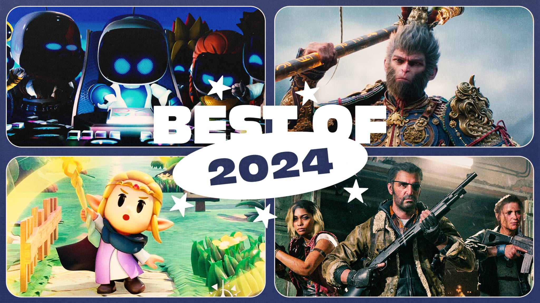 Collage of video game characters with "Best of 2024" text. Features a futuristic scene, a warrior, a cartoon character, and an action trio.