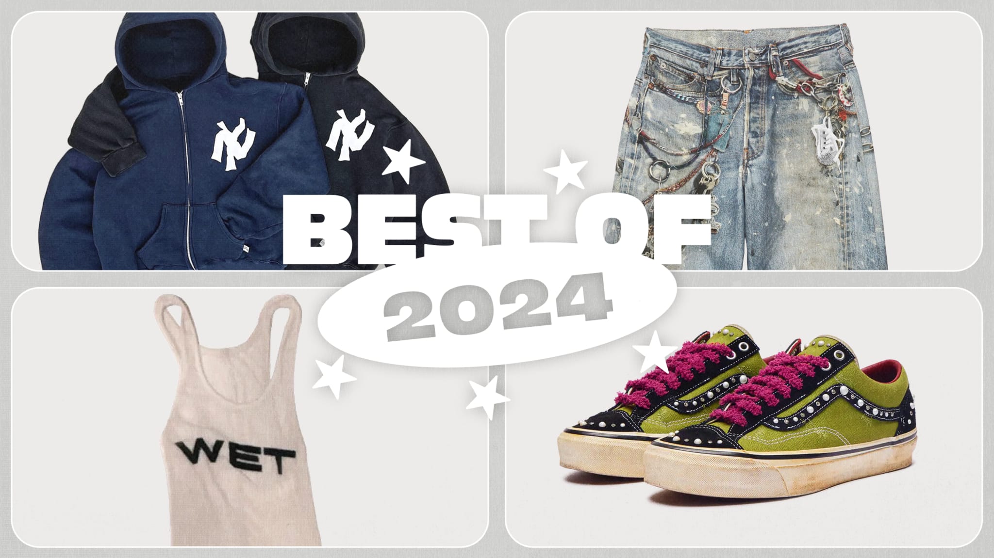 Collage of fashion items: NY jackets, denim skirt with chains, "WET" tank top, and green sneakers with pink laces, labeled "Best of 2024."