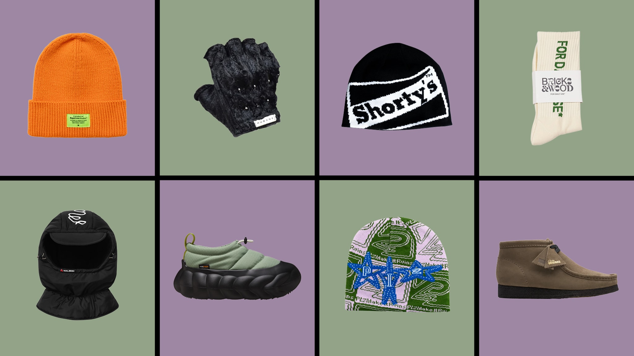 A grid of winter accessories and shoes, including a bright orange beanie, black gloves, a "Shorty's" beanie, socks, a balaclava, green slip-on shoes, a patterned beanie, and brown shoes.