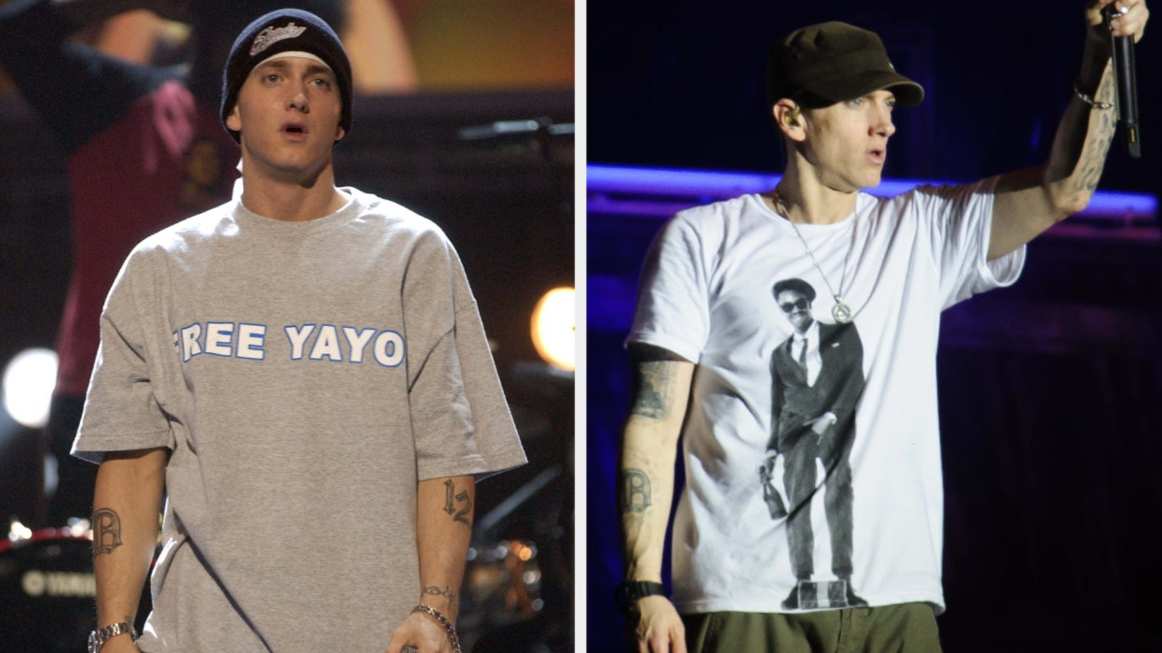 Eminem wearing 'Free Yayo' and Slick Rick T-shirts.