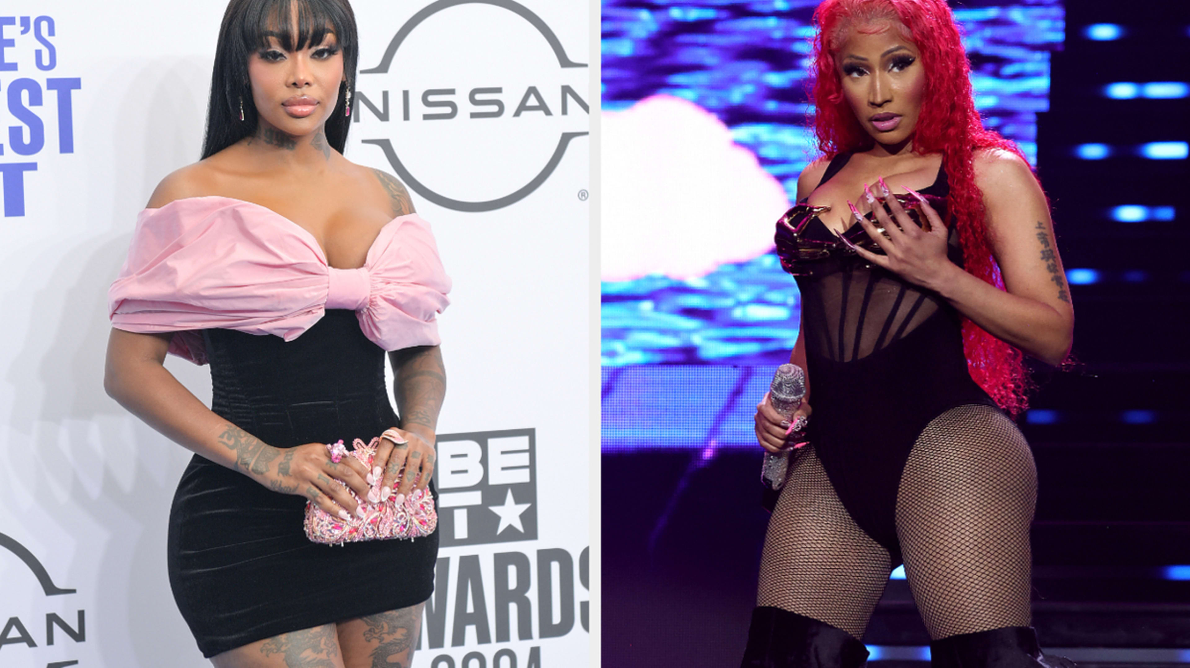 Latto in an off-shoulder dress at BET Awards 2024, and Nicki Minaj performing on stage in a sheer bodysuit holding a microphone