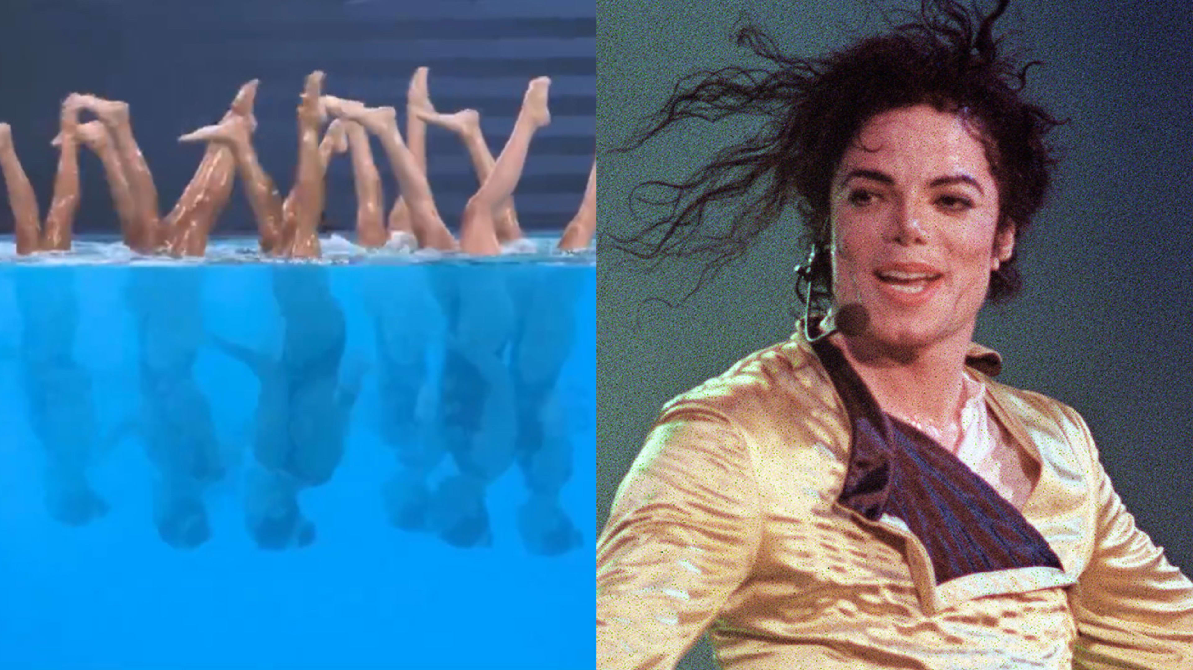 A synchronized swimming team practices leg lifts in a pool. Michael Jackson performs on stage, wearing a shiny outfit