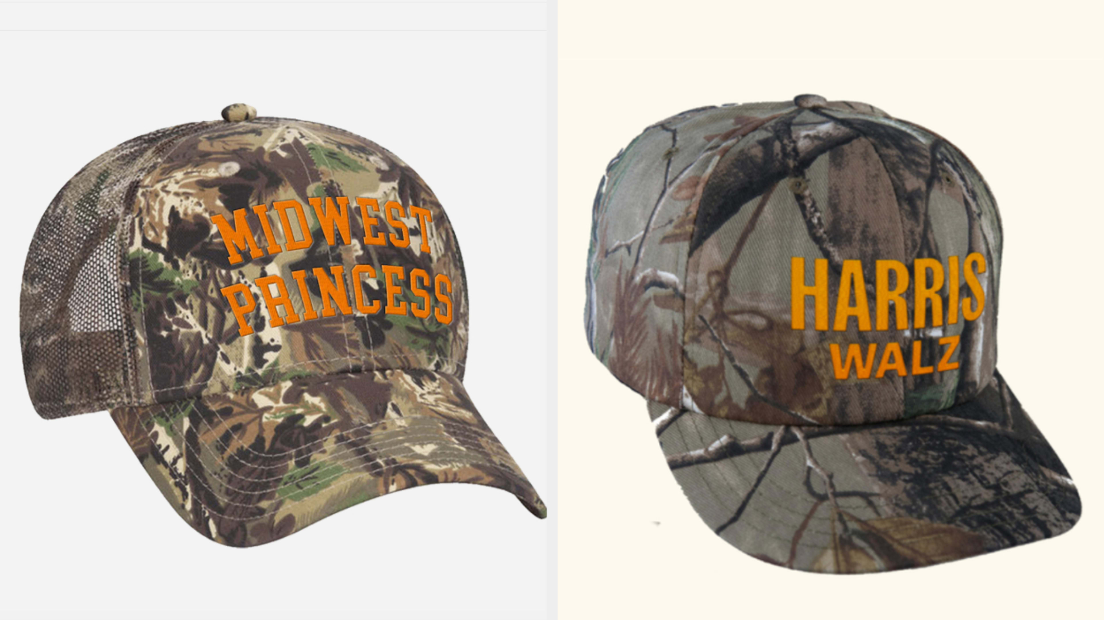 Side-by-side photo of Chappell Roan's "Midwestern Princess" camo hat next to a similar Kamala Harris and Tim Walz' campaign hat.