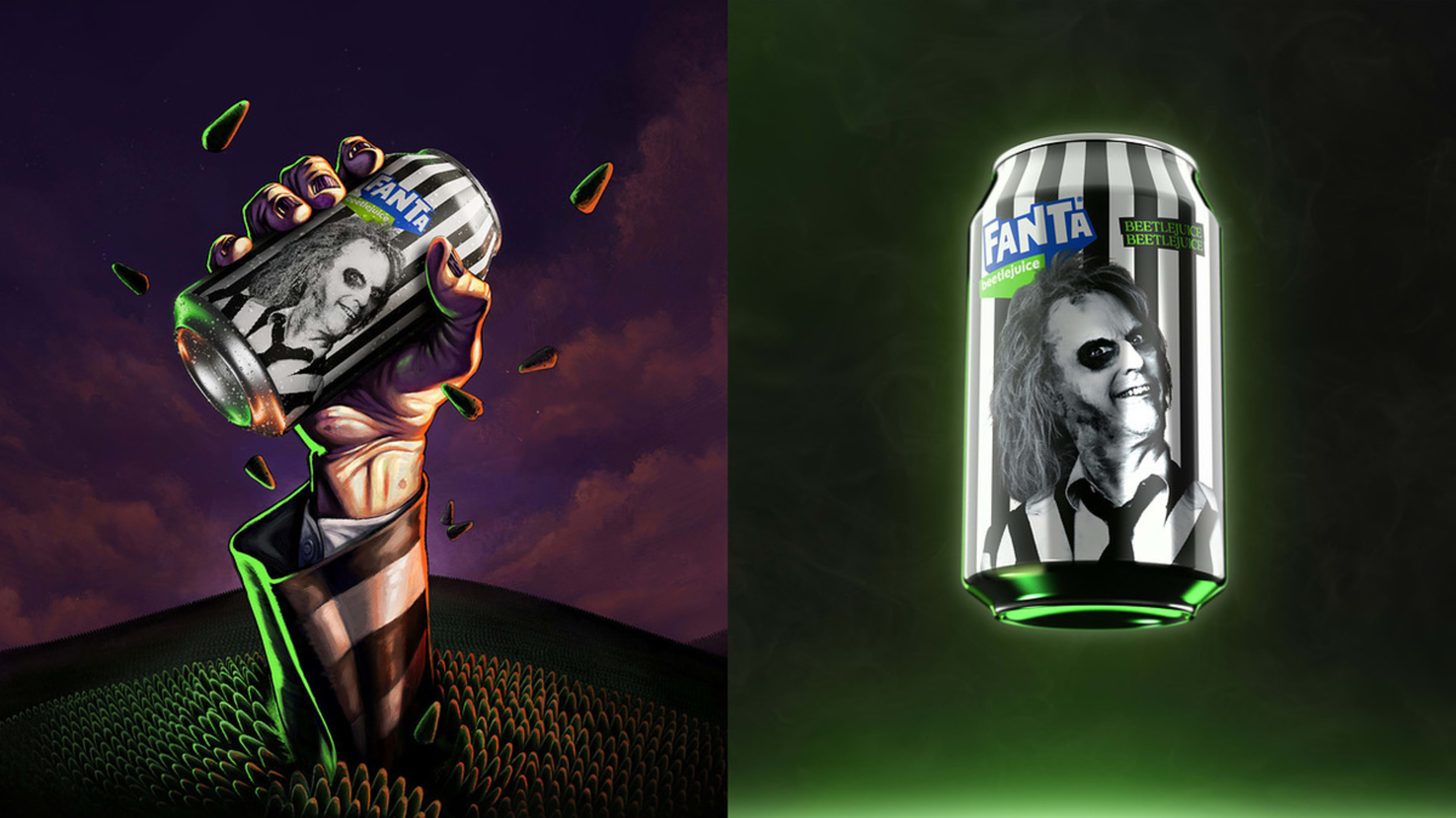 Hand holding a Fanta can featuring Beetlejuice in striped attire on the left, and a close-up of the Beetlejuice can glowing against a dark background on the right