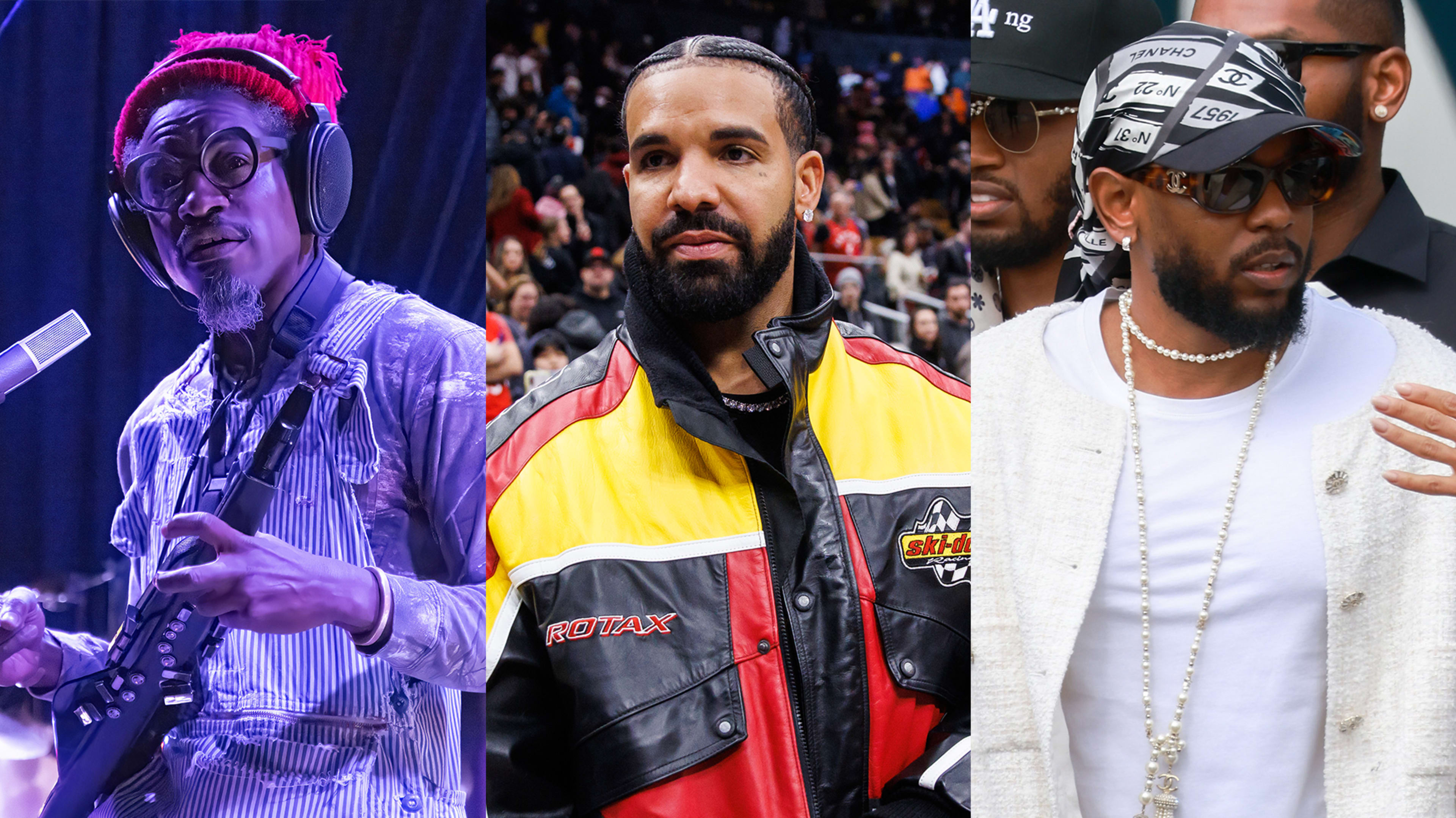 A three splice image showing André 3000, Drake, and Kendrick Lamar.