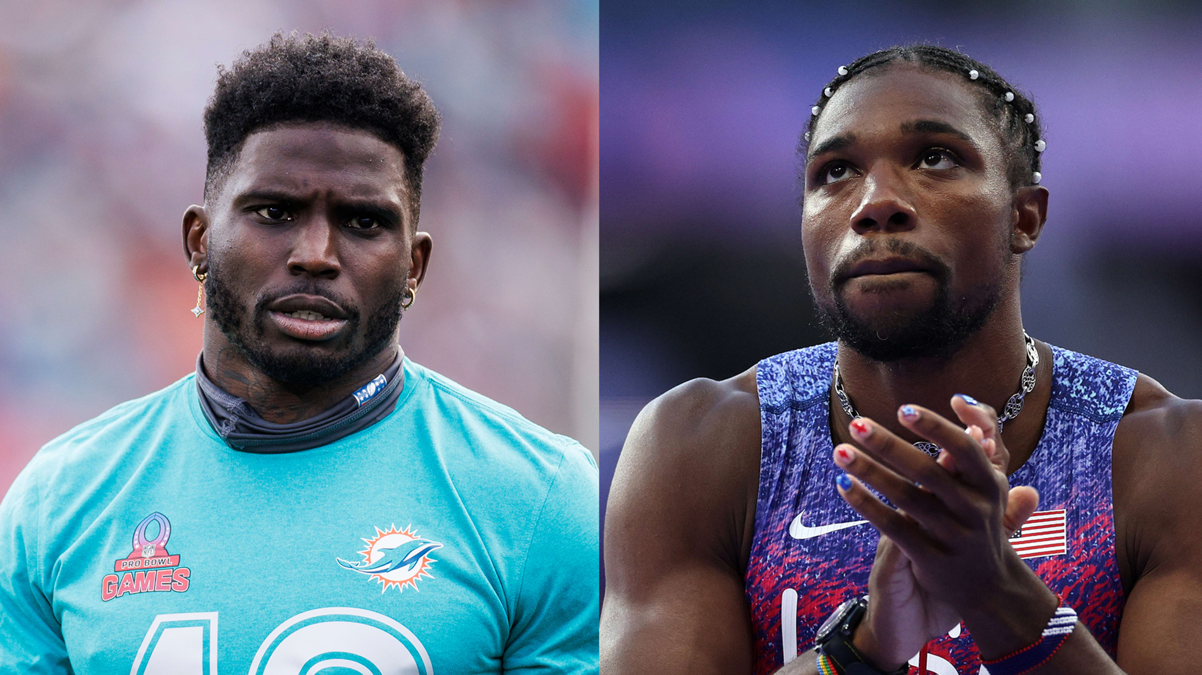 Wide receiver Tyreek Hill in a splice image with sprinter Noah Lyles.