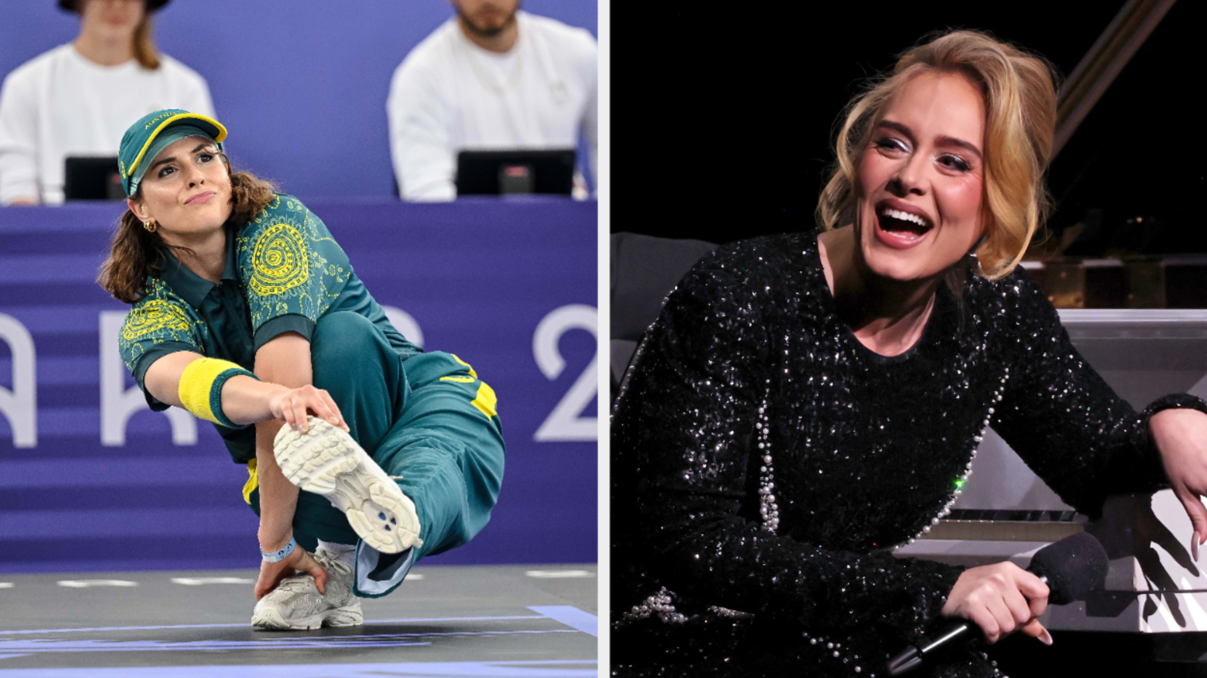 Raygun breaking at the Olympic Games Paris 2024, Adele laughs while performing on stage