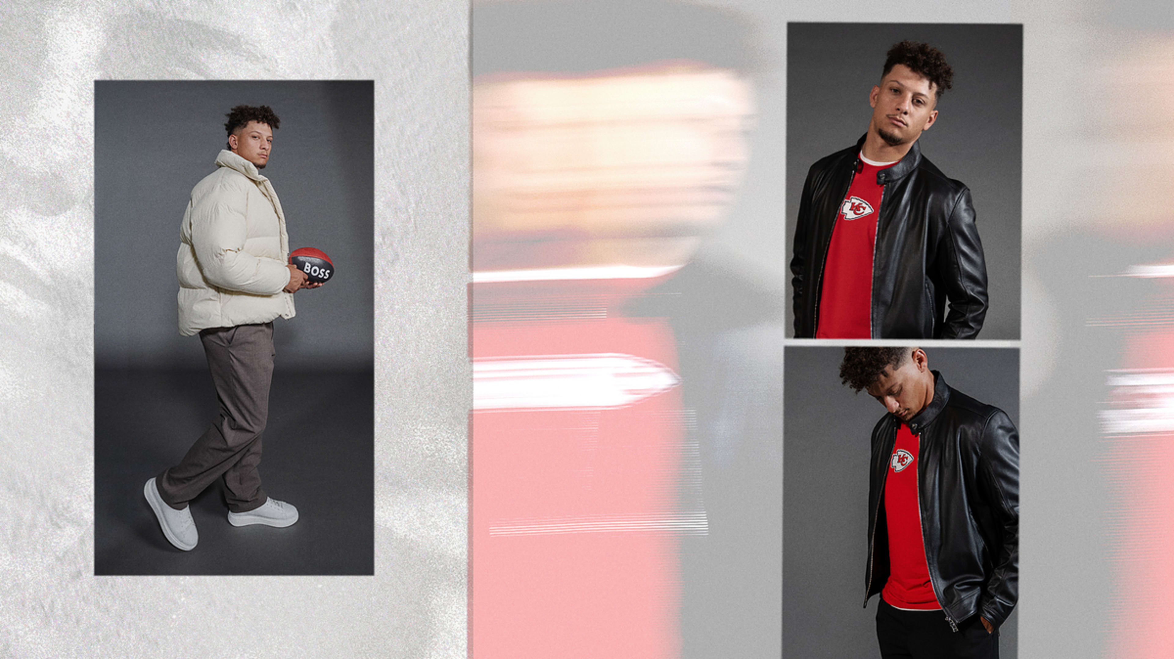 Patrick Mahomes poses in three outfits: holding a football in a casual puffer jacket, and wearing a Kansas City Chiefs jersey with a leather jacket in two different poses