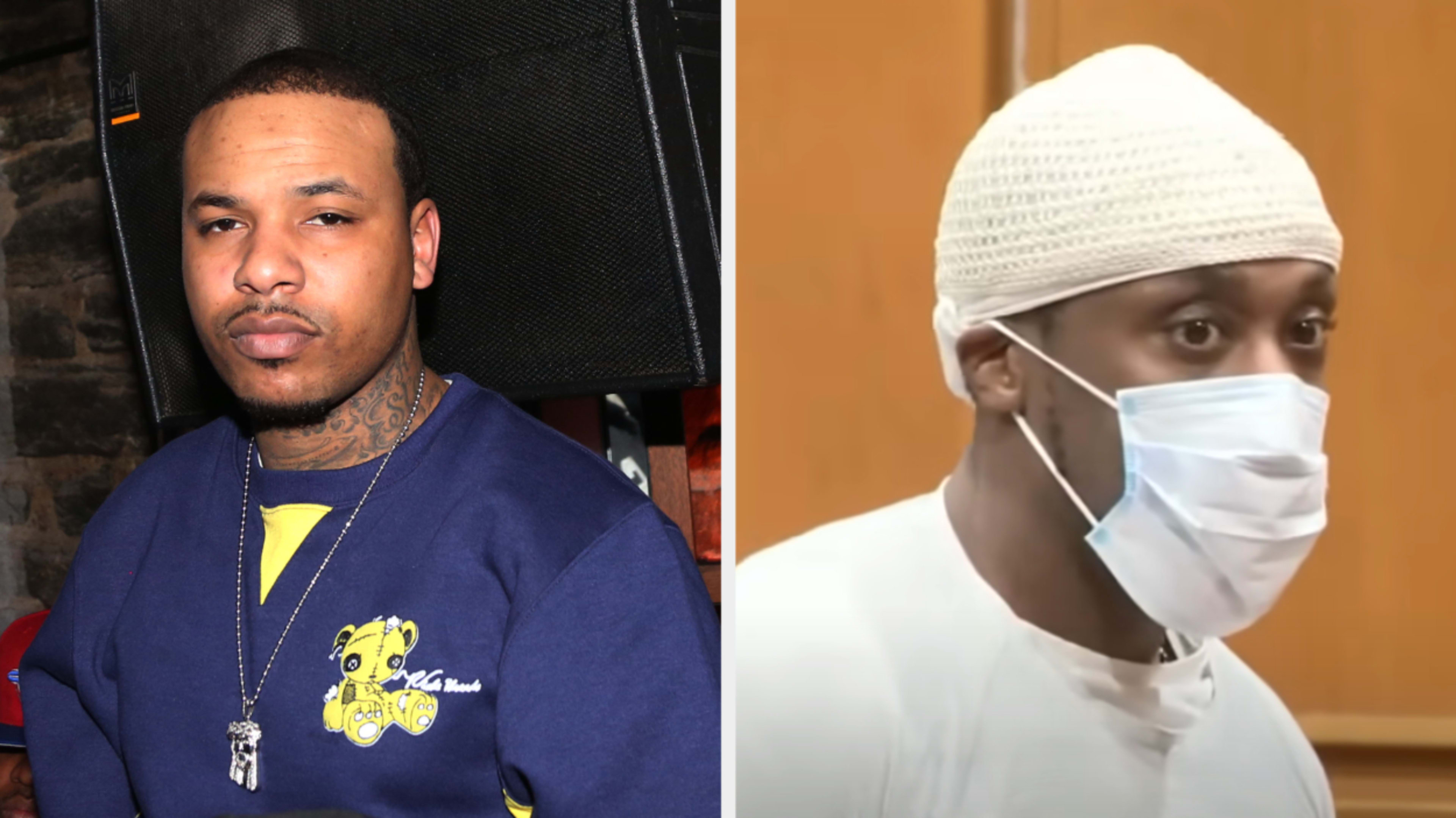 Left: Rapper Chinx in a candid photo; Right: Chinx's convicted killer Quincy Homere in court wearing a white cap, white face covering with straps along his ears, and a white long-sleeve shirt.