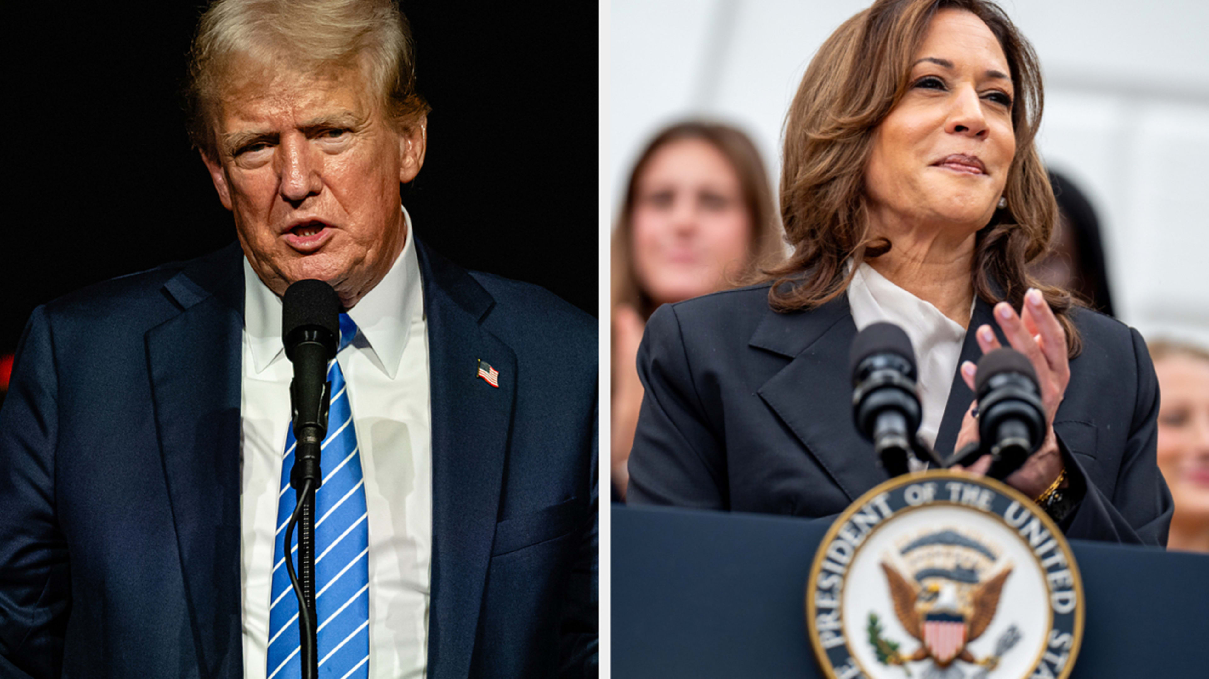 Donald Trump speaks at a podium. Kamala Harris stands behind a podium with a presidential seal, speaking and clapping