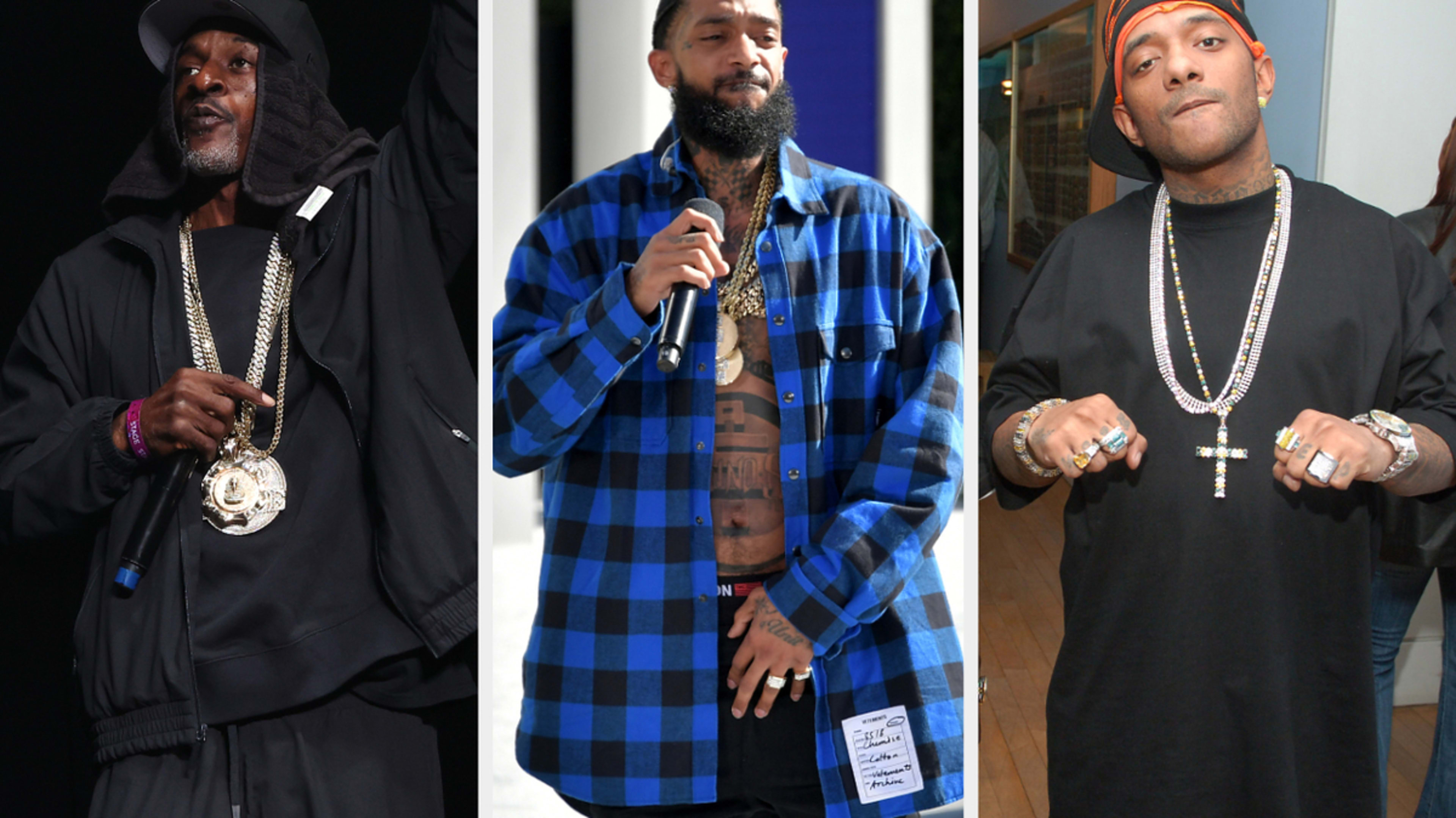 Snoop Dogg, Nipsey Hussle, and Prodigy in casual streetwear with chains around their necks at separate musical events