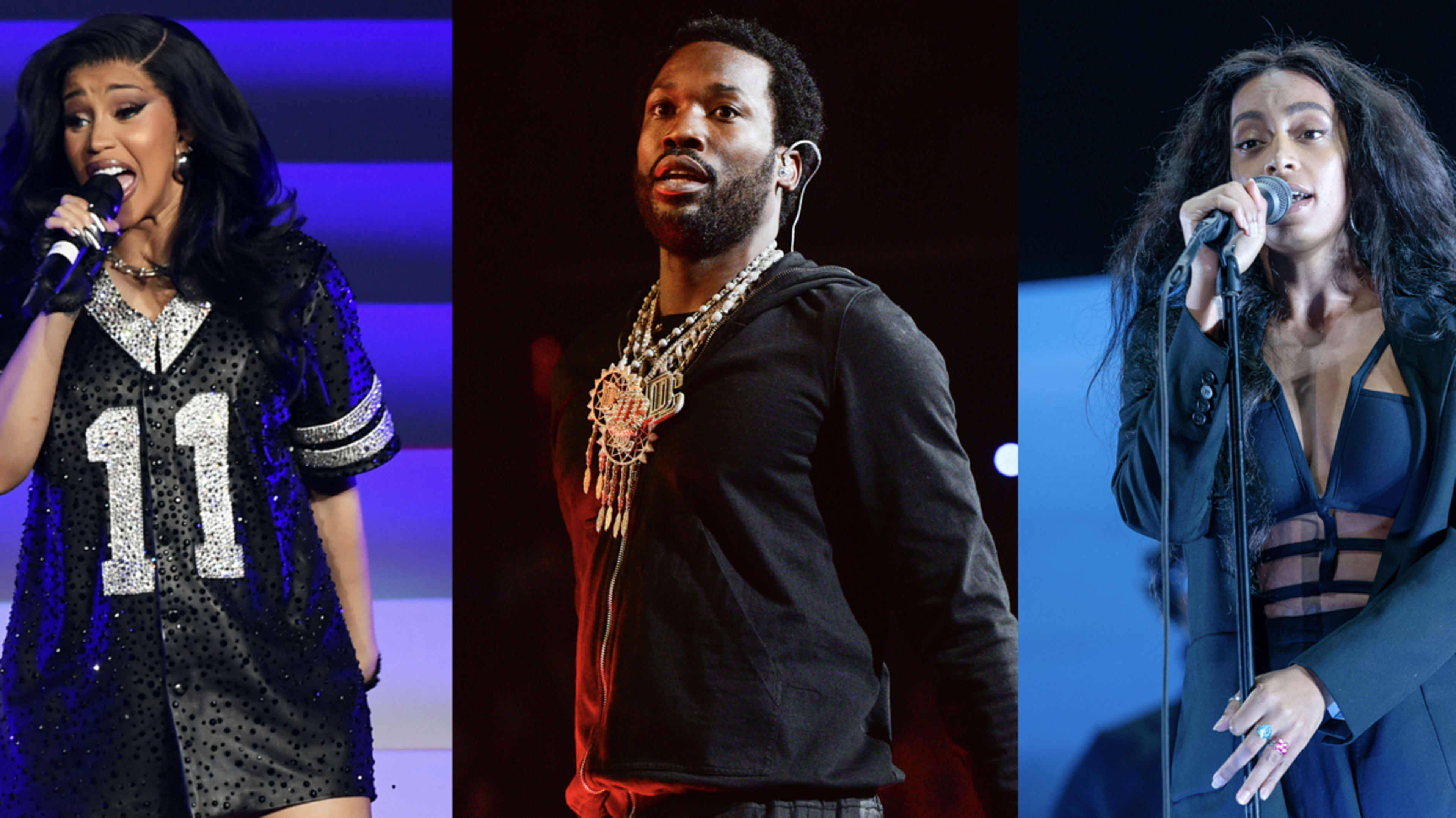 Cardi B, Meek Mill, and Solange performing on stage. Cardi B wears a sequined sports jersey, Meek Mill in casual wear, and Solange in a chic ensemble