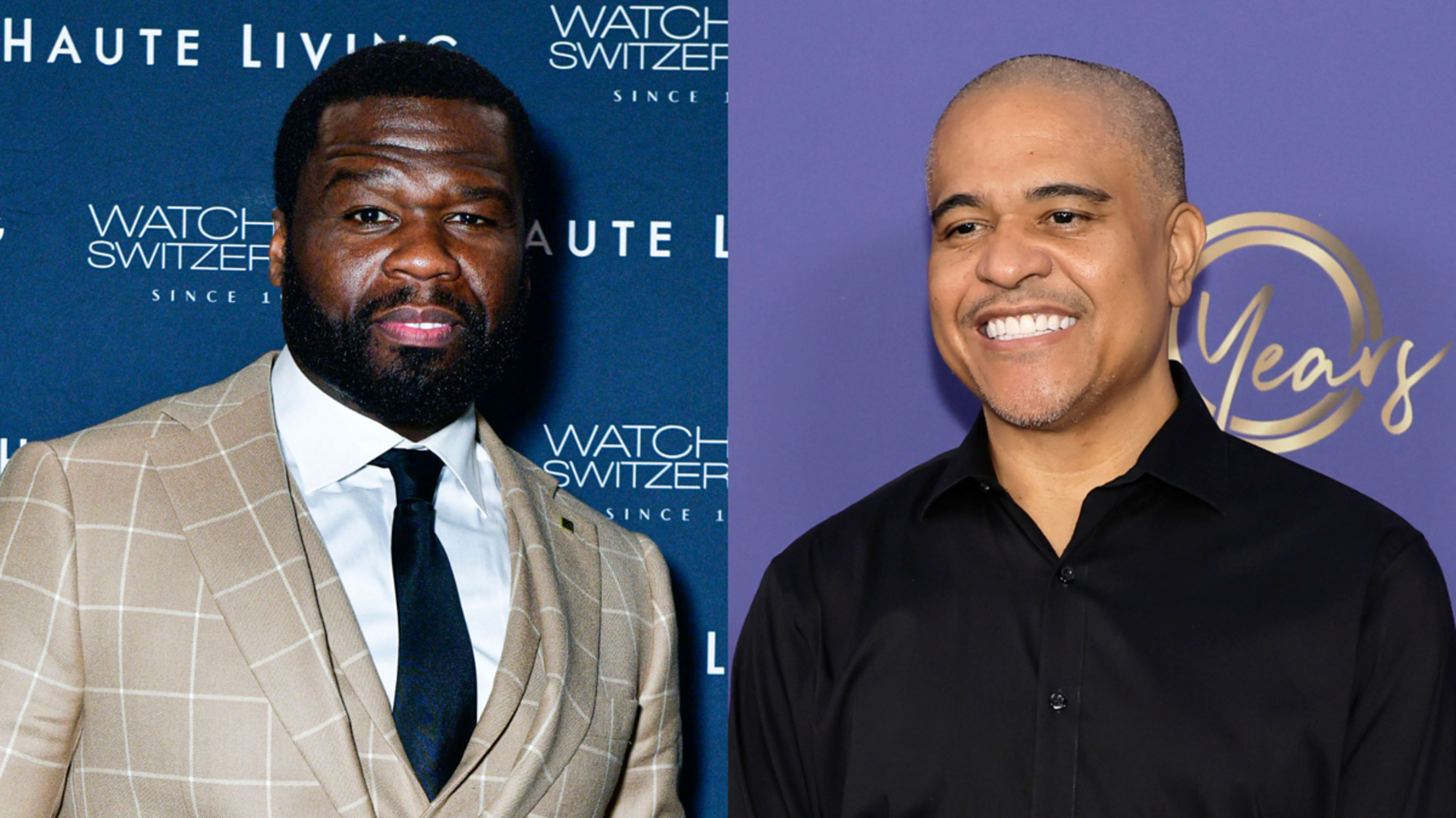 50 Cent in a beige plaid suit and black tie, and Irv Gotti in a black shirt, both posing at separate events