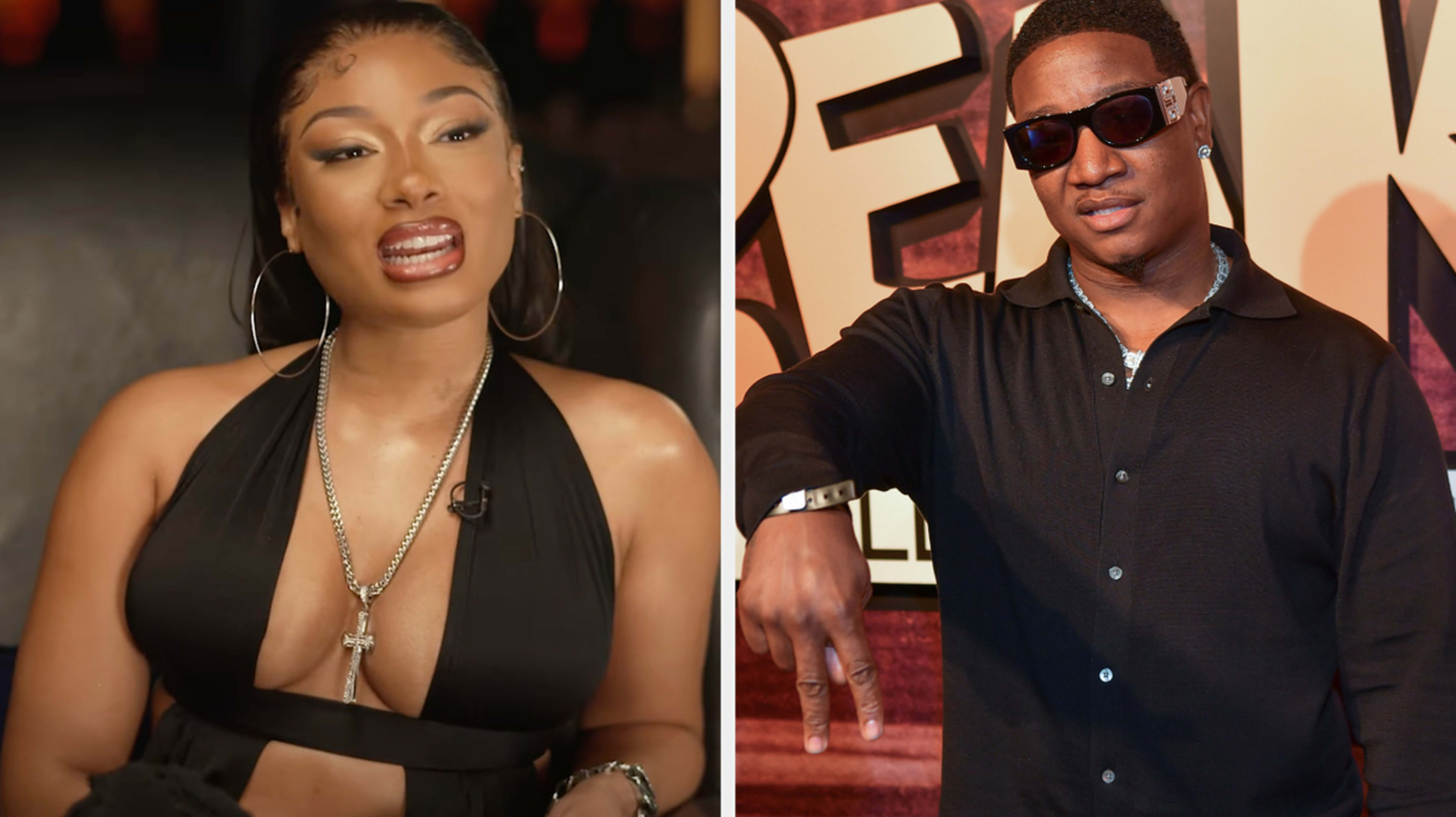 Megan Thee Stallion speaking in an interview and Yung Joc posing on a red carpet, pointing downward. Megan wears a halter top with a cross necklace